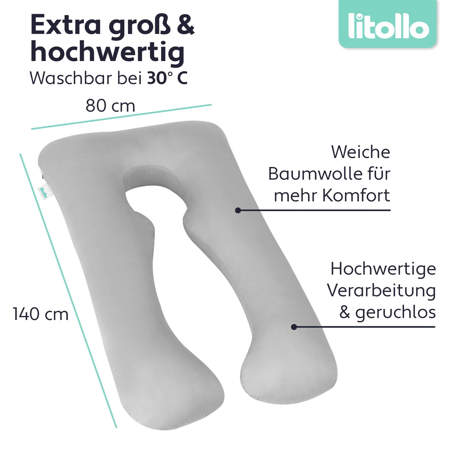 Litollo Pregnancy Pillow for sleeping, nursing pillow, U-shaped side sleeper pillow with cover, comfort pillow for adults - Pregnancy Pillow 140x80cm.
