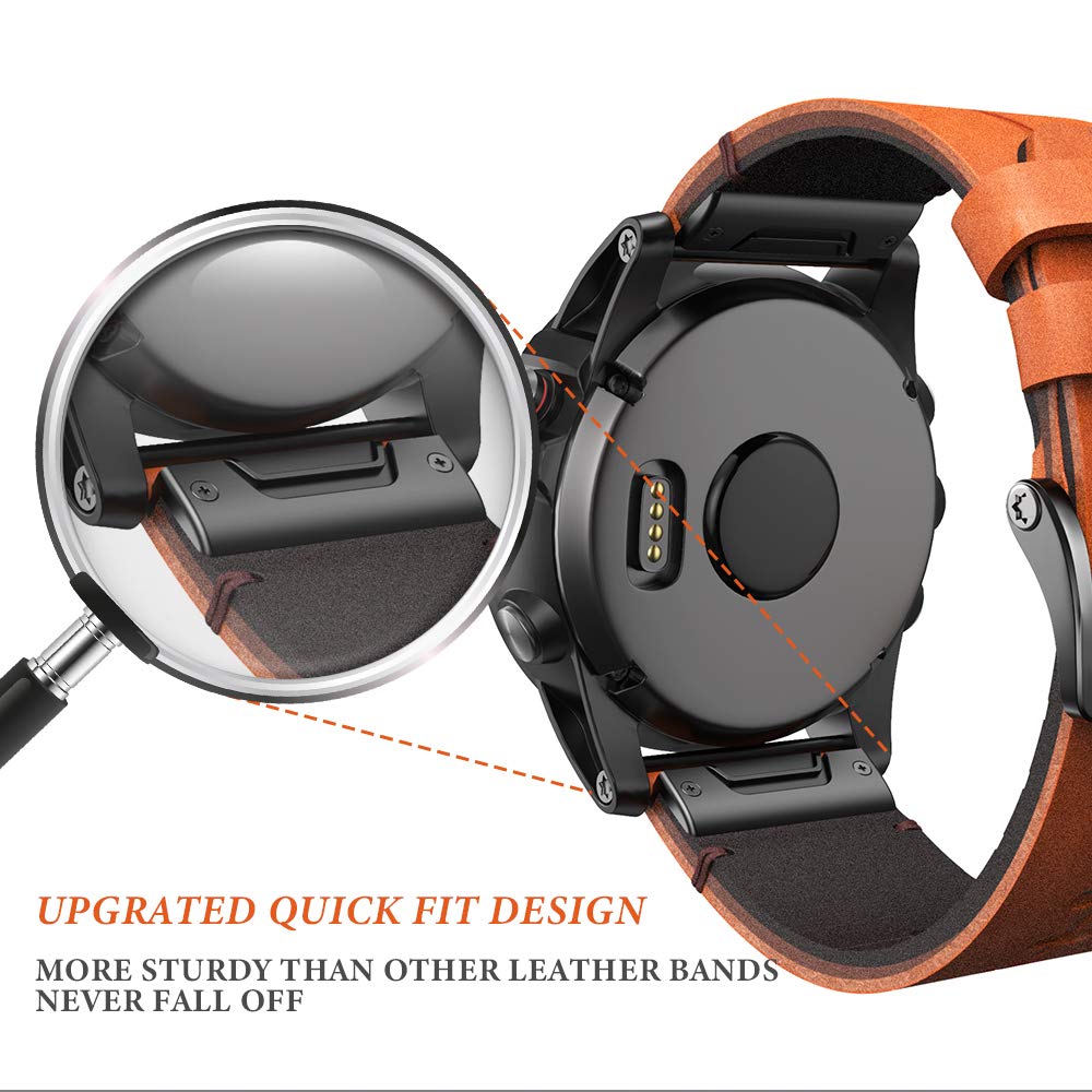 NotoCity Replacement Leather Band compatible with Garmin Fenix 7X/5X/5X Plus/6X Pro/6X Sapphire/3/3HR (26mm) Quickfit Strap for Sports & Business for Men and Women (Brown)