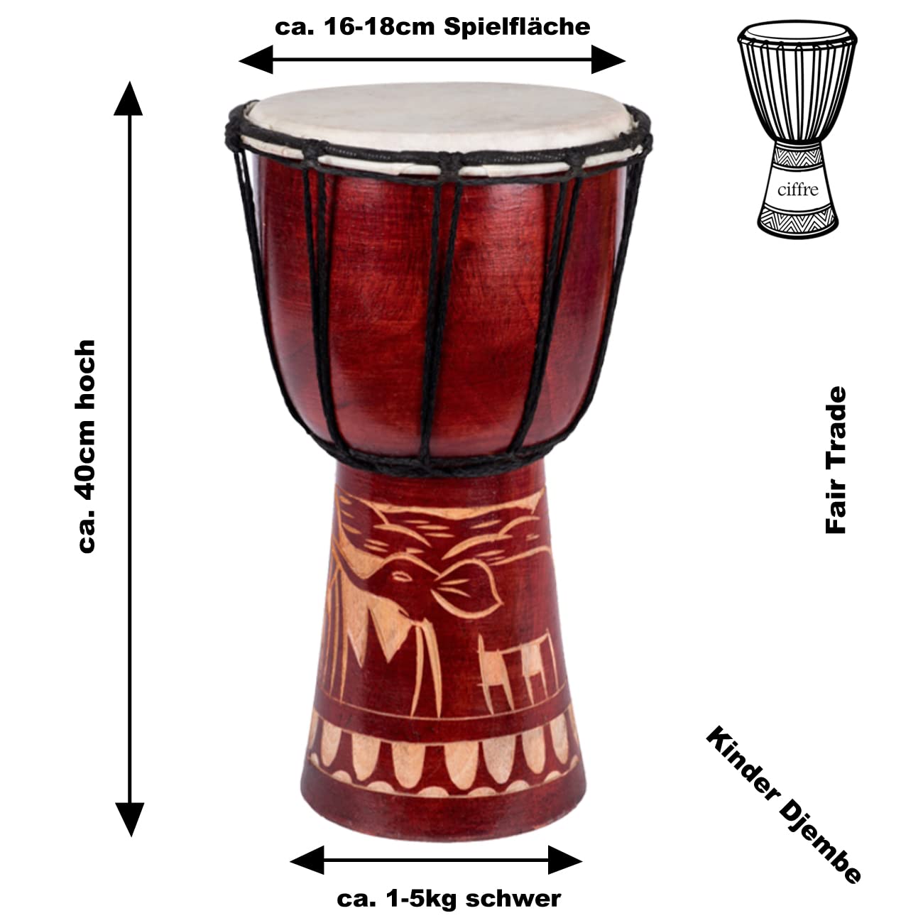 40cm Djembe drum bongo elephant beginner children good sound fair trade