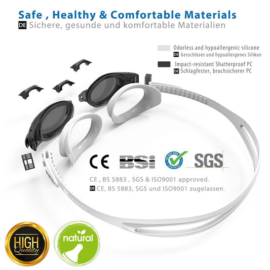 ZABERT Swim Goggles, W5 Swimming Goggles for Adults Men Women Kids 8+ Years Swimming Goggles Anti-fog UV Protection Large Triathlons Competitions Swim Goggles Black Grey