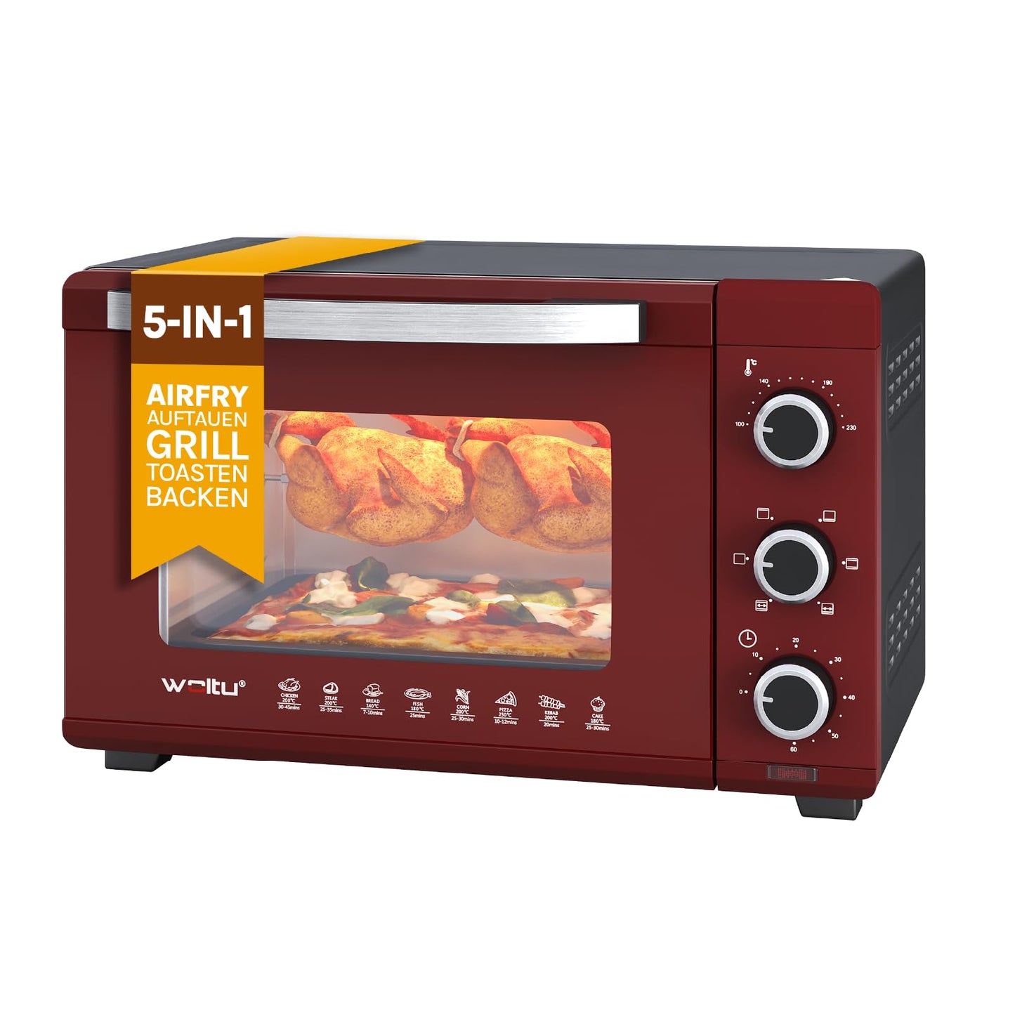 WOLTU Mini Oven, Pizza Oven 32 L, 1600 W, 100-230 °C, 0-60 Min. Timer, 5 Heating Modes, Double Glass Door, with Rotisserie, Baking Tray, Grill Rack, Crumb Tray, Grid Handle, Black+Red