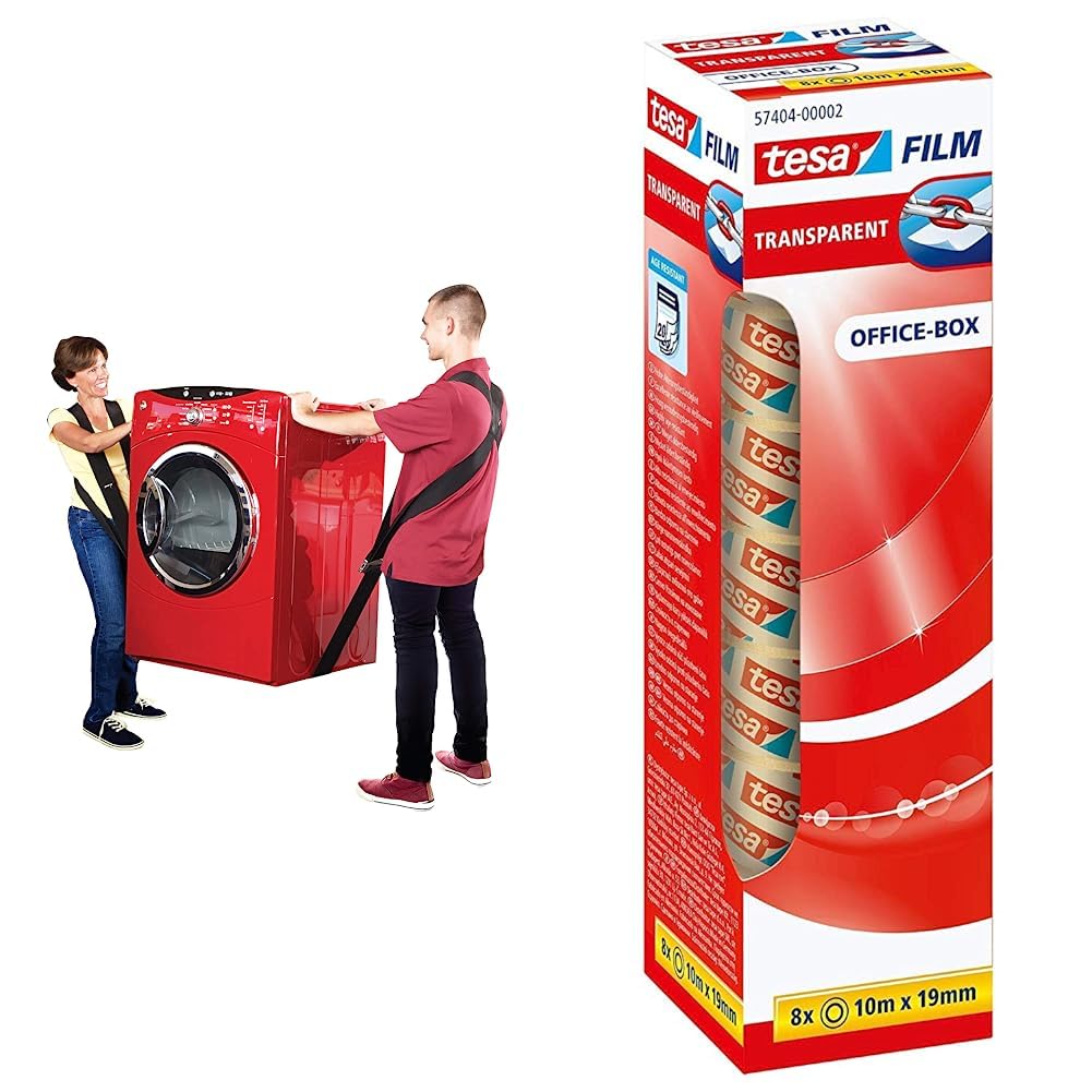 Shoulder Dolly 2-person carrying strap, lifting belt for ergonomic and easy lifting of objects up to 370 kg and 3.65 m in length & transparent tape - 10 m x 19 mm - 8 pack.