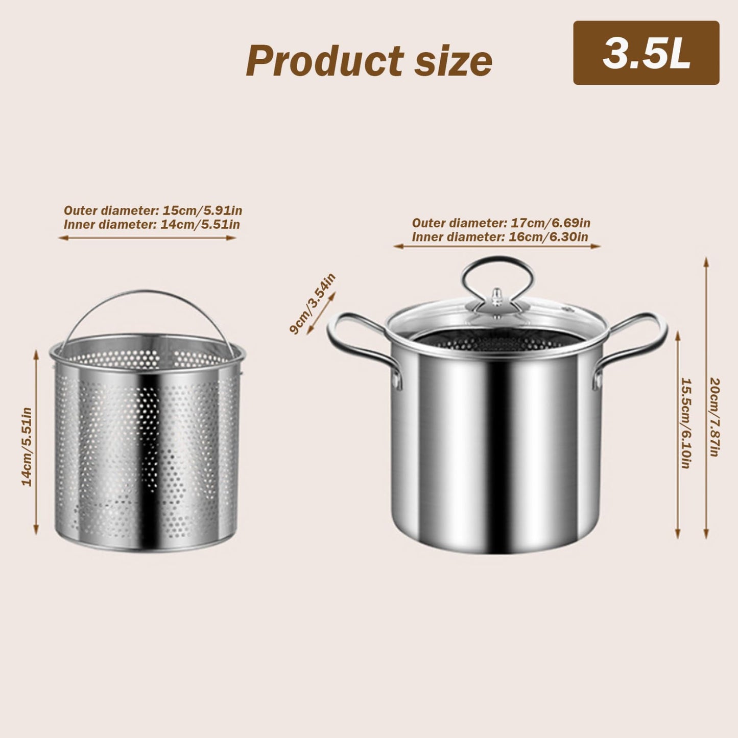 Home deep fryer pot with basket, 3.5-liter stainless steel, versatile fish frying pot with cooking basket for fries, chicken