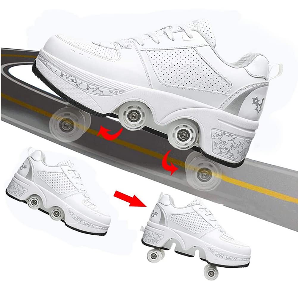 Shoes with wheels, roller skates, skateboard shoes, children's shoes with wheels, skate shoes, roller shoes, sports shoes, running shoes, sneakers with wheels for girls and women, white silver, size 39 EU.
