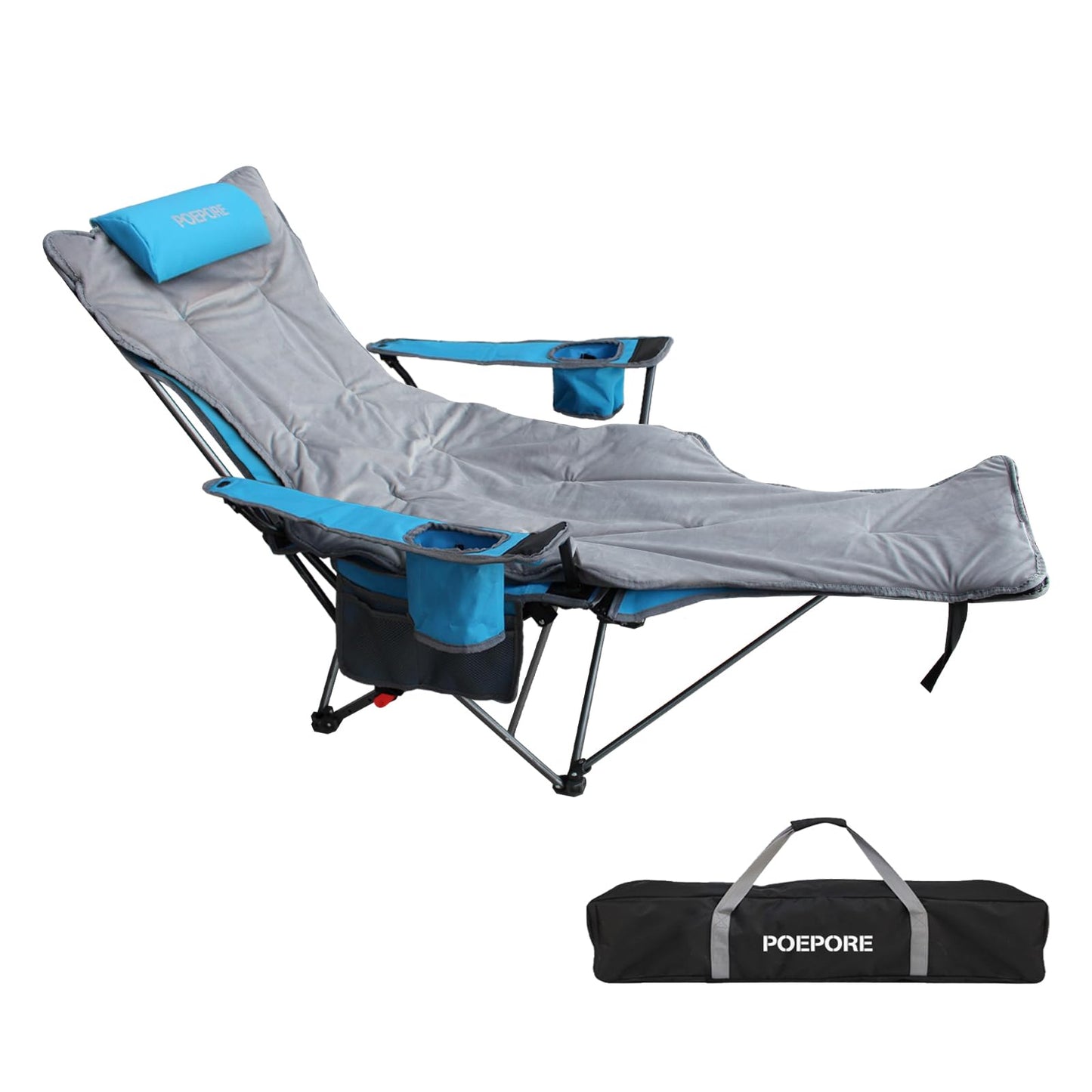 POEPORE camping chair with footrest 4-position adjustable beach chair recliner fishing chair adult camping chairs with cotton pad cushion drink holder armrest pockets Blue