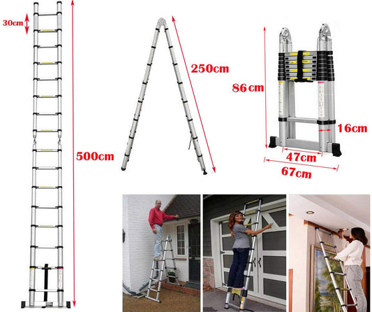 5M telescopic ladder Aluminum ladder 2.5M+2.5M sliding ladder folding ladder multi-purpose ladder extension ladder 16 rungs easy to carry max load capacity 150 kg