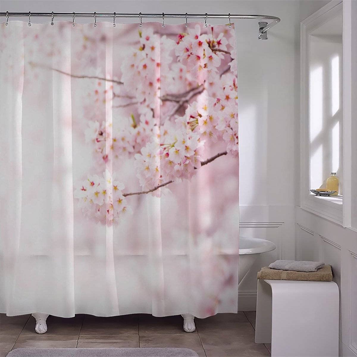 Shower curtain 240x200 Pink Sakura Anti-Mold Waterproof Extra Long Shower Curtains with 12 Shower Curtain Rings Flower 3D Design Bath Curtain for Bathtub Bathroom