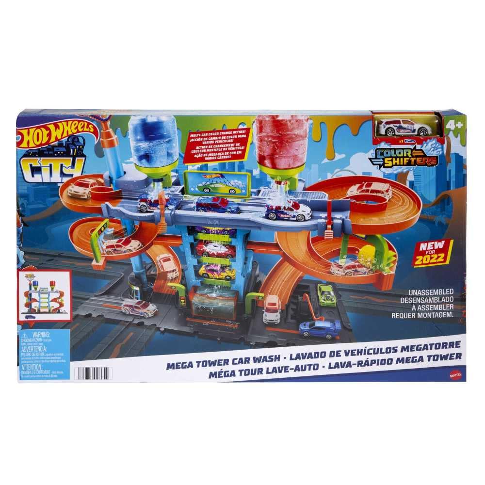 Hot Wheels City Race Track with Car Wash, color-changing feature, includes 1 toy car, suitable for kids aged 4 and up, HDP05.