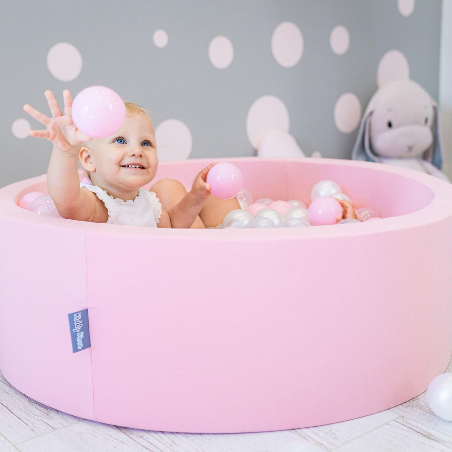 KiddyMoon Ball Pit 90X30cm/200 Balls ∅ 7cm Ball Pit with Colorful Balls for Girls Babies Kids Round, Pink:Powder Pink/Pearl/Transparent