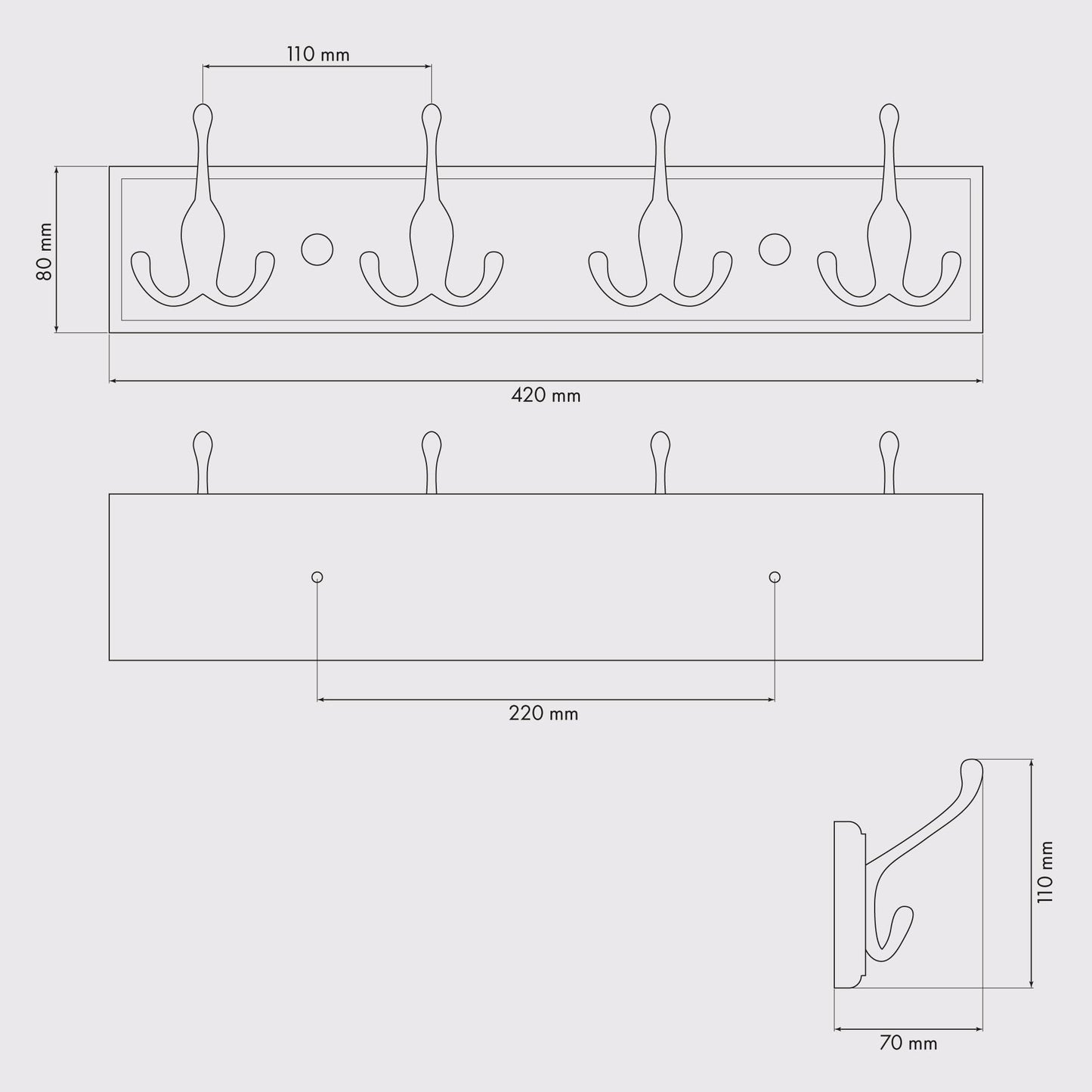 LARHN Wooden Coat Hooks - Wooden Coat Rack with 4 Hooks in Matte Nickel - 42 cm - Wall Coat Hooks - Wall Mount Coat Rack for Hallways, Closets, Bedrooms, and Bathrooms