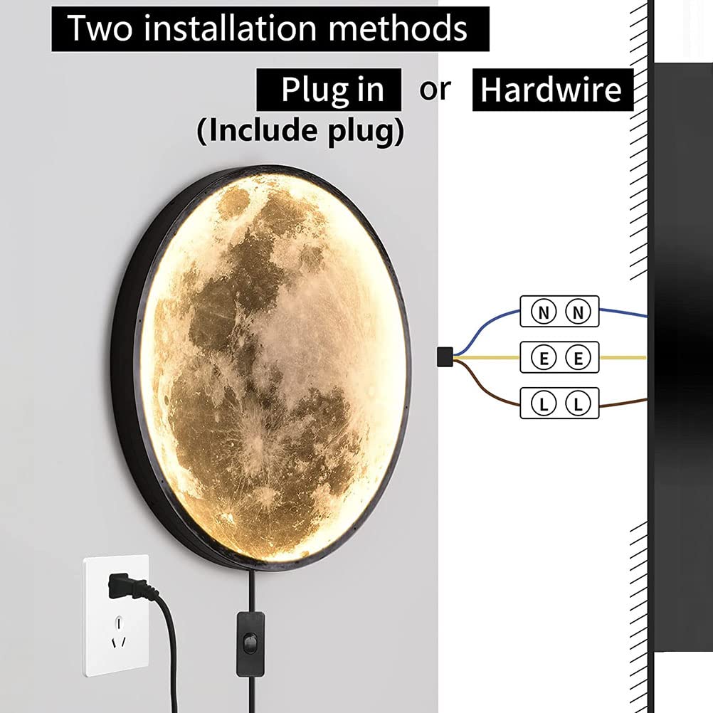 18W LED wall light for kids room with switch and plug, 3D moon wall lamp dimmable bedside lamp with cable night light with remote control bedroom wall lighting for interior decoration light