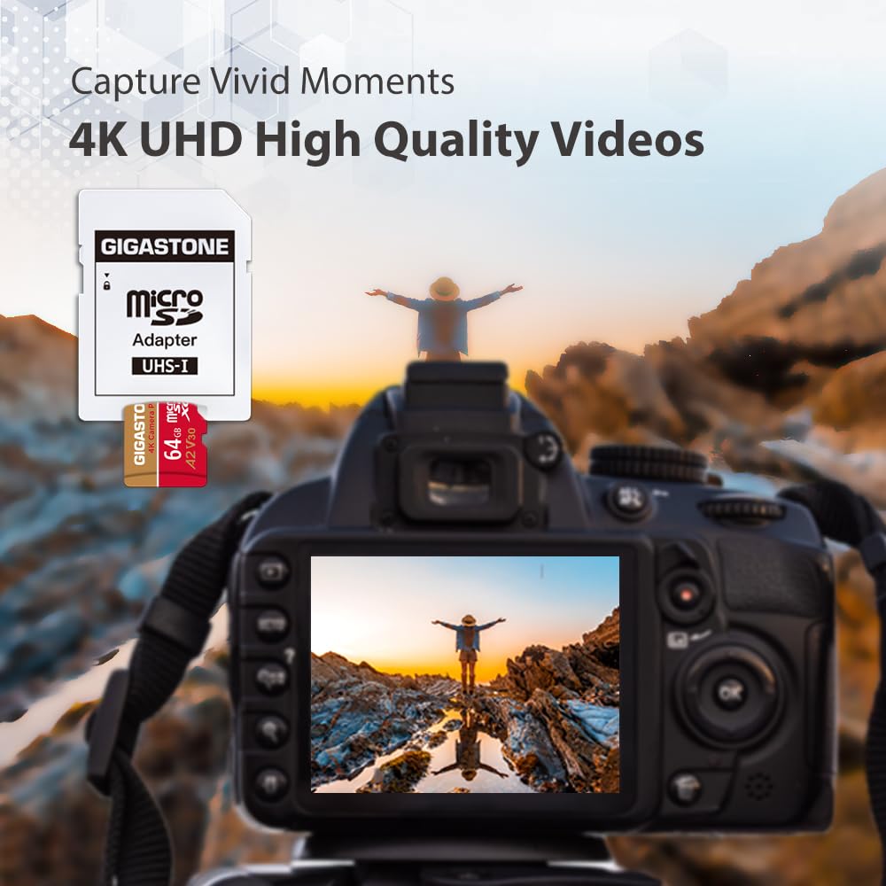 GIGASTONE 64GB Micro SD Card 2-Pack, 4K Camera Pro, compatible with GoPro Switch, up to 95 MB/s, A2 U3 V30 Micro SDXC card with SD adapter.