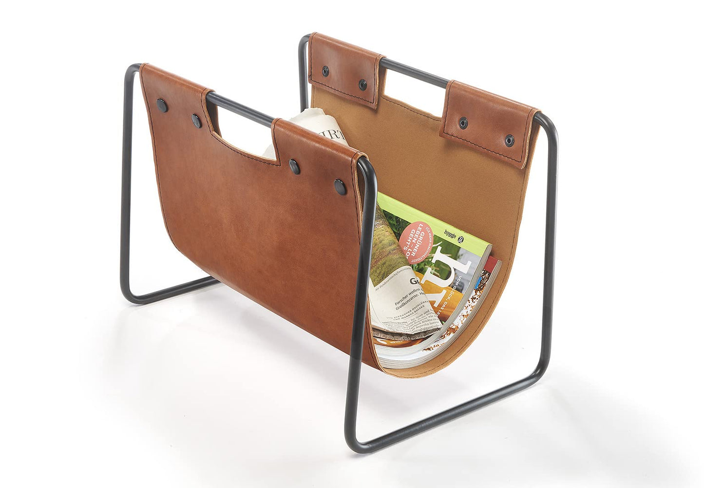 Kobolo newspaper rack, 37x24x27 cm, brown, faux leather & metal, modern magazine holder in an industrial look, organizer for newspapers, magazines & books, decorative and functional.