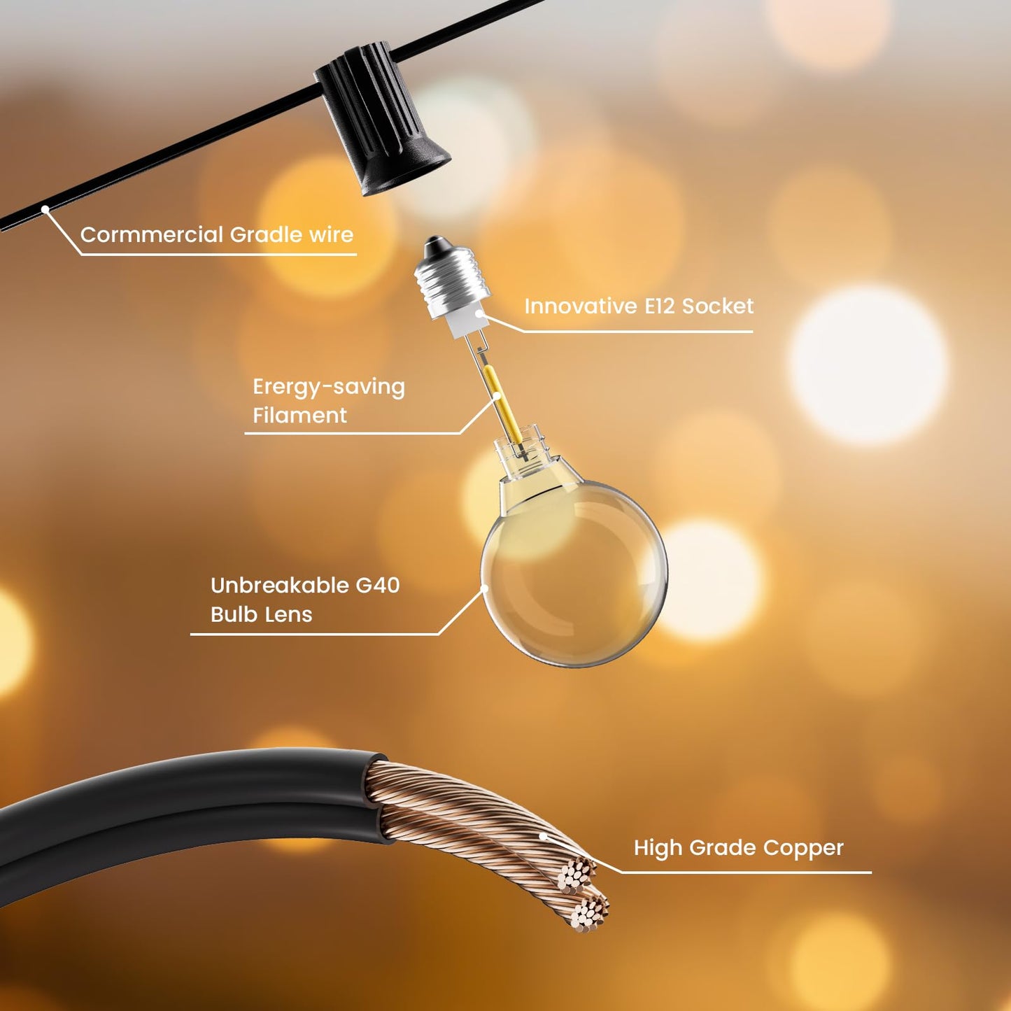 Bomcosy outdoor solar cell light string, 24m LED, outdoor, light chain, solar lamp, IP45, waterproof, bulb light string, garden, 4 modes for patio, party, outdoor.