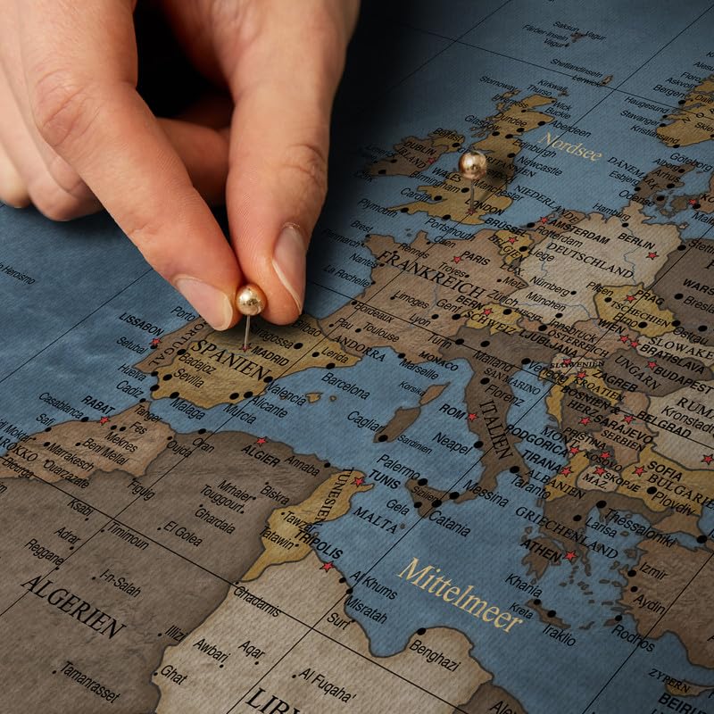 High-quality canvas world map with cork pinboard - German labeling - Decorative wall decoration for all rooms - Canvas prints with world map motif (90x60 cm, pattern 13)