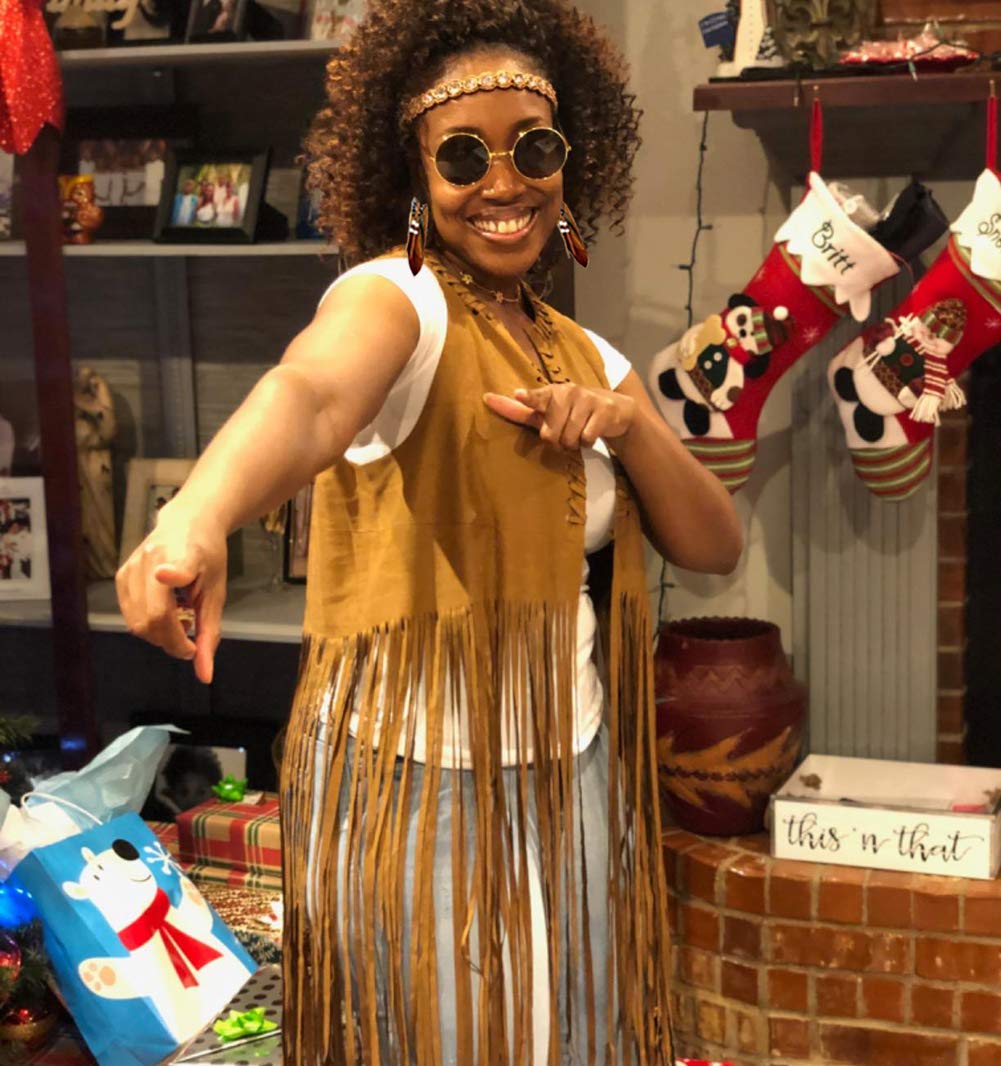 YADODO Hippie Costume Women Set Fringed Sleeveless Vest Hippie Clothing 60s 70s Vintage Outfit Girls Disco Costume Cowgirl Brown Vest Bolero Carnival Halloween Costumes Women M