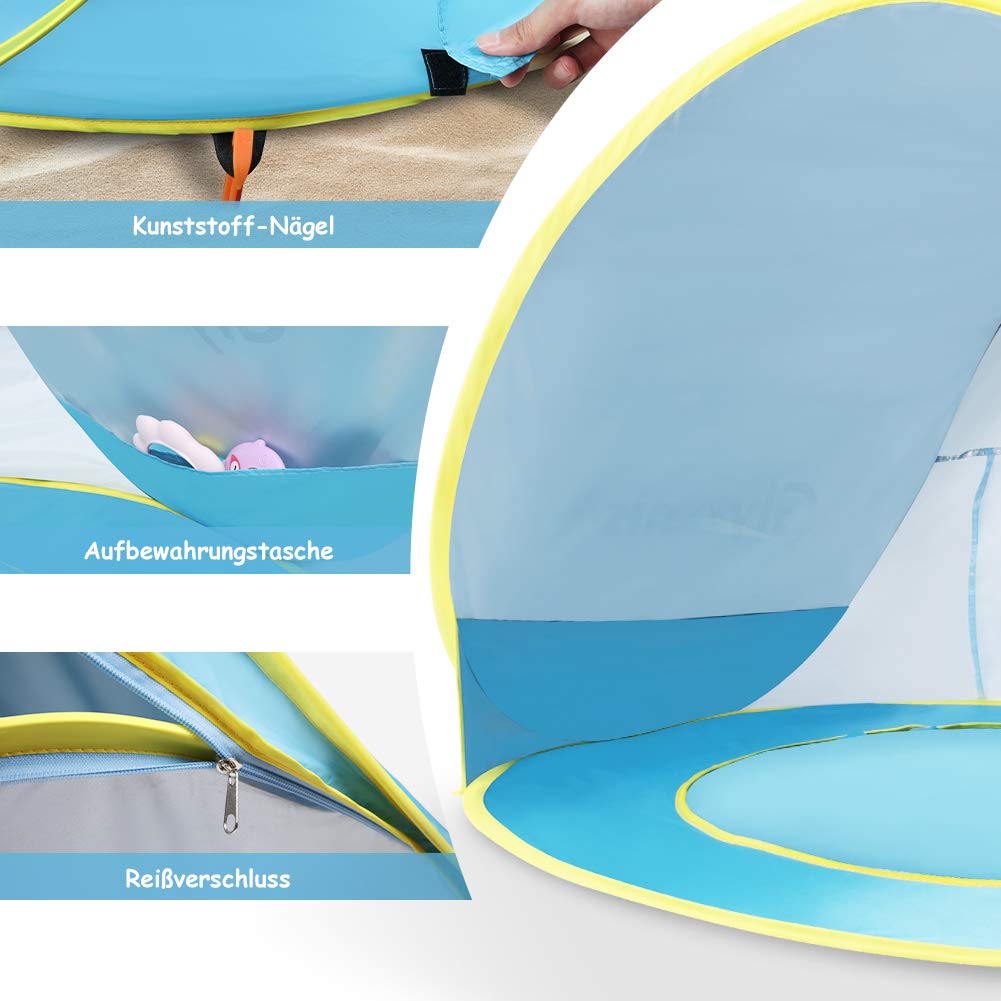 Glymnis baby beach tent pop-up beach tent with detachable pool UV protection UPF 50+ sun shade shelter for toddlers 0-3 years