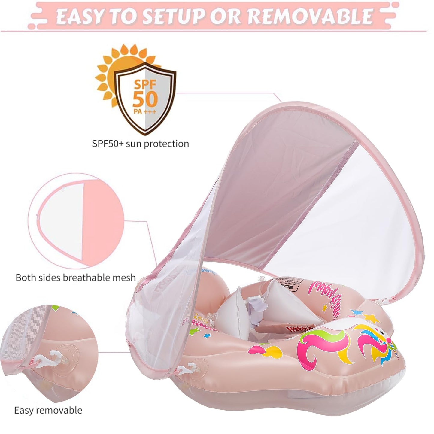 TUIBEIDAMAI Baby Swim Ring with Sunshade Removable, Swim Ring with Sun Protection Adjustable Shoulder Straps, Inflatable Swim Ring, Baby Float Swim Ring for 3-36 Months (Pink)