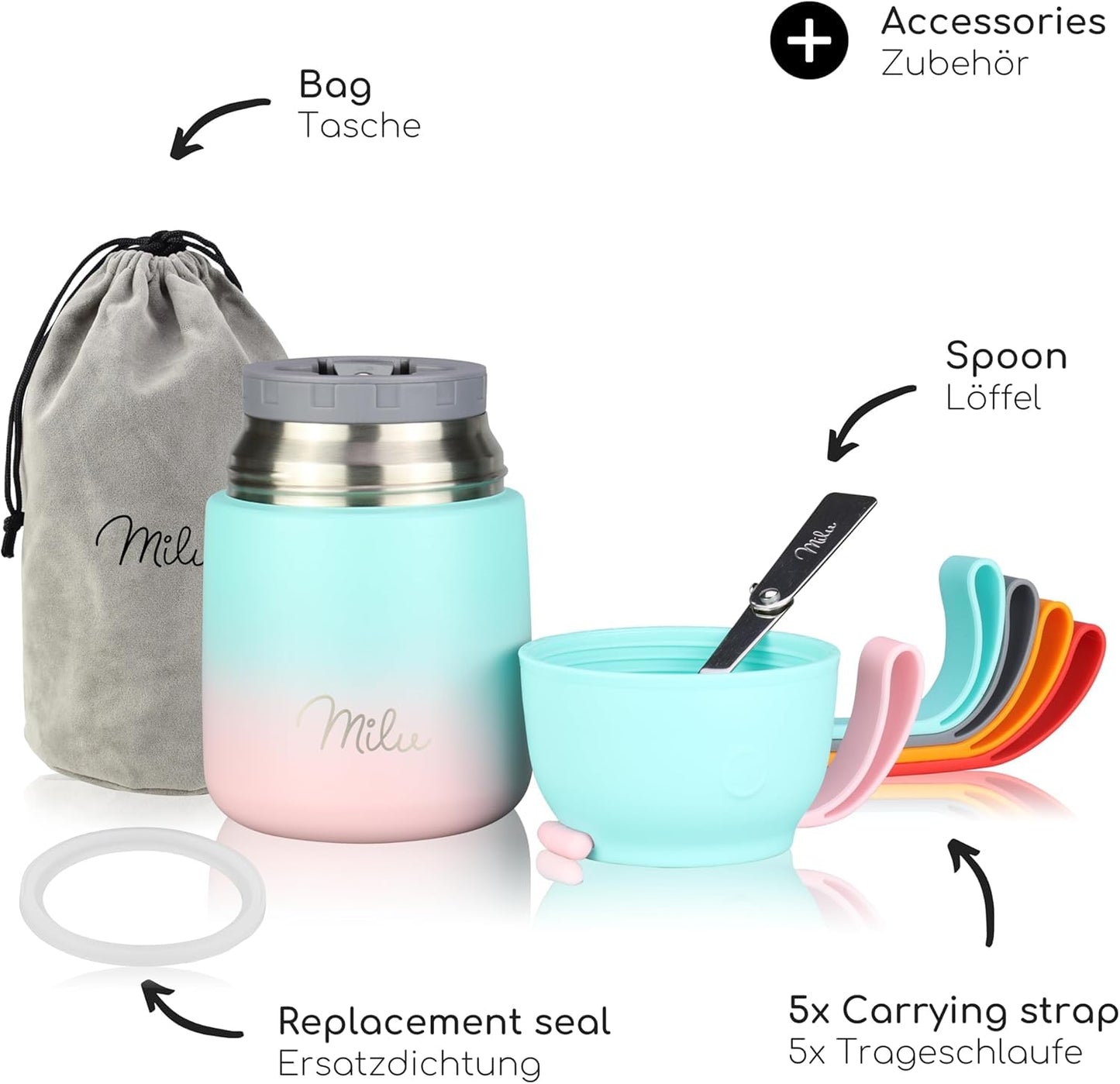 Milu® 800ml Stainless Steel Thermos Food Container, Thermo Lunchbox, Soup Container to-go, Thermal Box for keeping soup, baby food warm, meal container, portable baby food warmer, Mint Pink 800ml