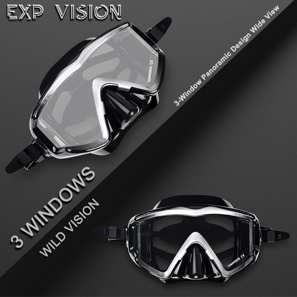 Snorkel diving mask with HD panoramic 3-window view for adults. Anti-fog tempered glass for clear underwater vision. Silicone diving mask for women and youth swimming goggles.