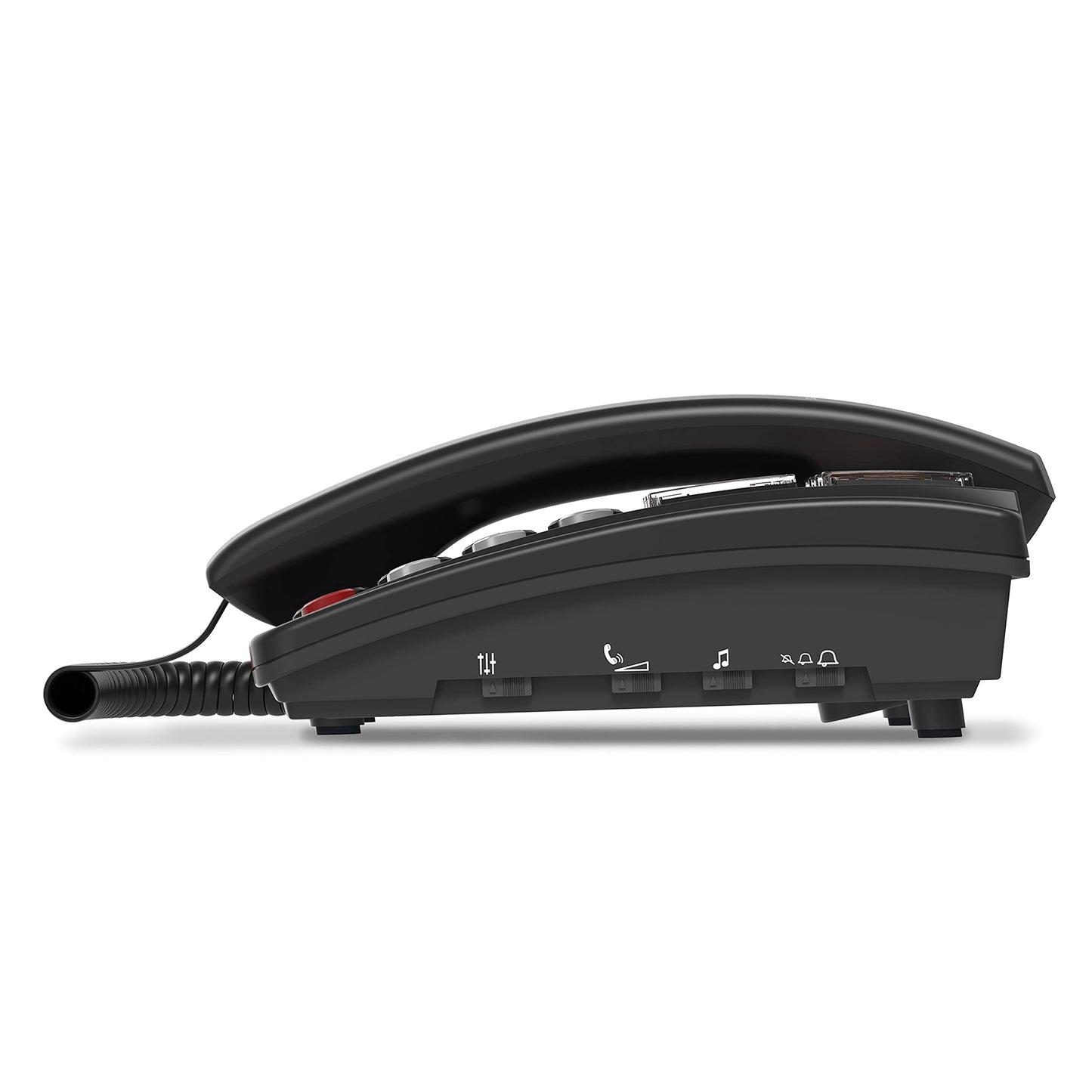 Amplicomms BigTel 40 Plus, corded large button telephone with six photo speed dial buttons, audio boost +40dB, extra loud ringtones, hearing aid compatible.