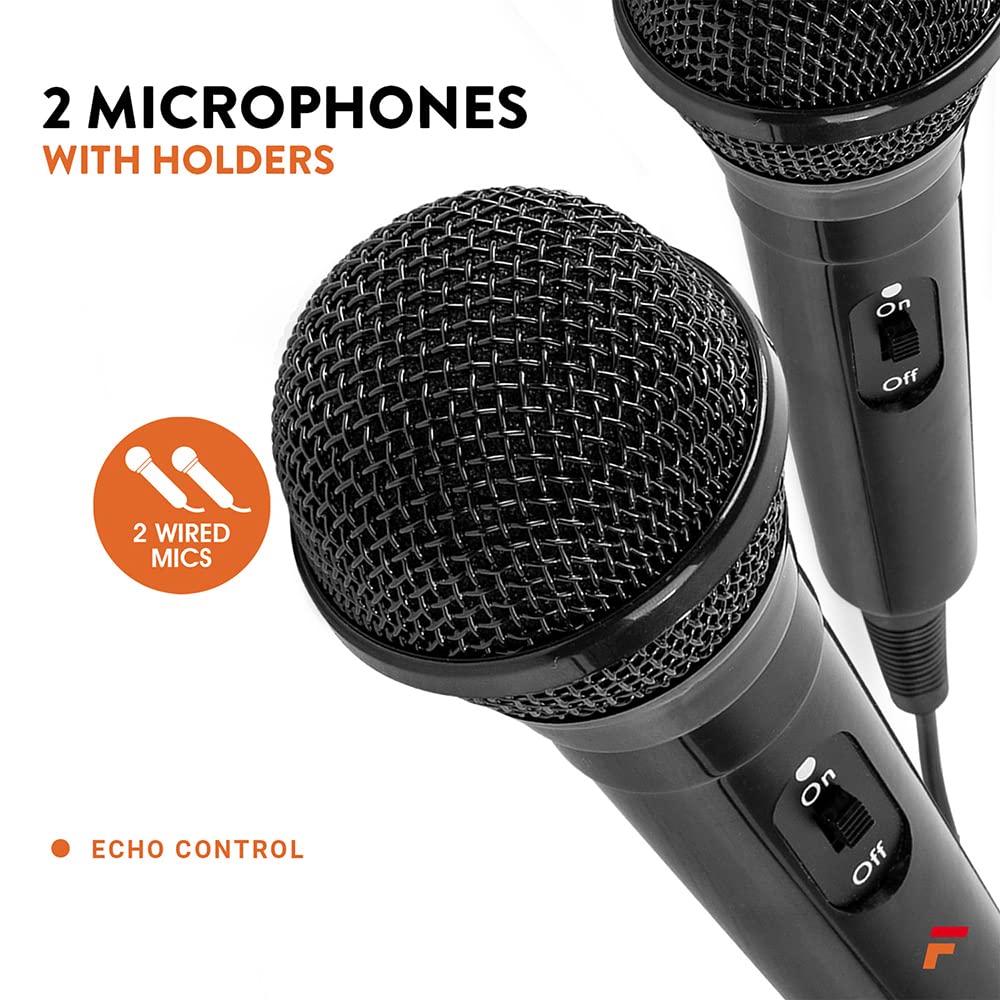 Fenton karaoke system with 2 microphones, stage mat with LEDs, Bluetooth, MP3 player, USB, karaoke machine with disco light effects - red suitable for all age groups with 2 handheld microphones and tablet holder.