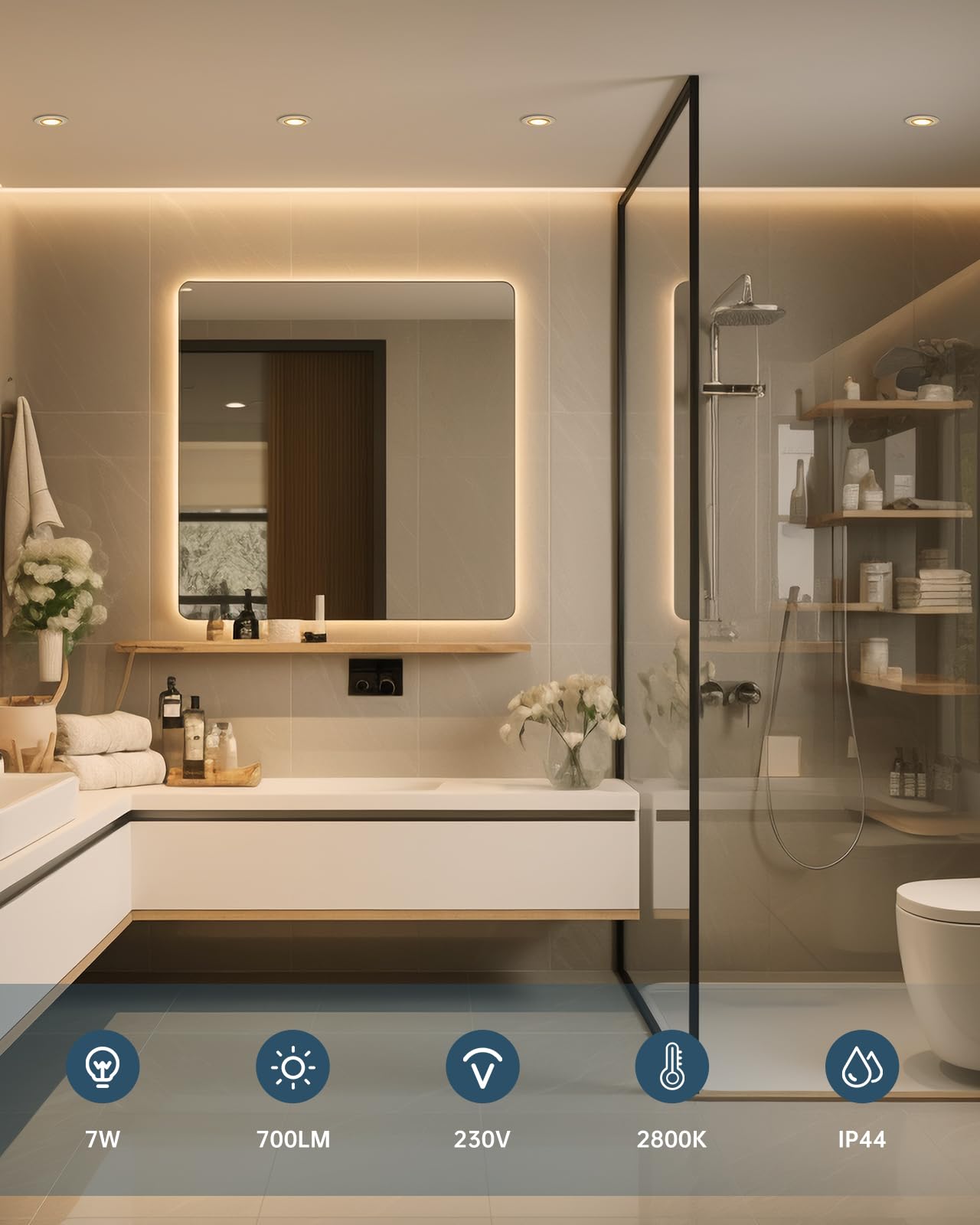 Schiele LED recessed spotlights, flat spots, 230V, dimmable, 68-78mm cutout, 7W warm white ceiling spots, white IP44 for bathroom living room, set of 12.