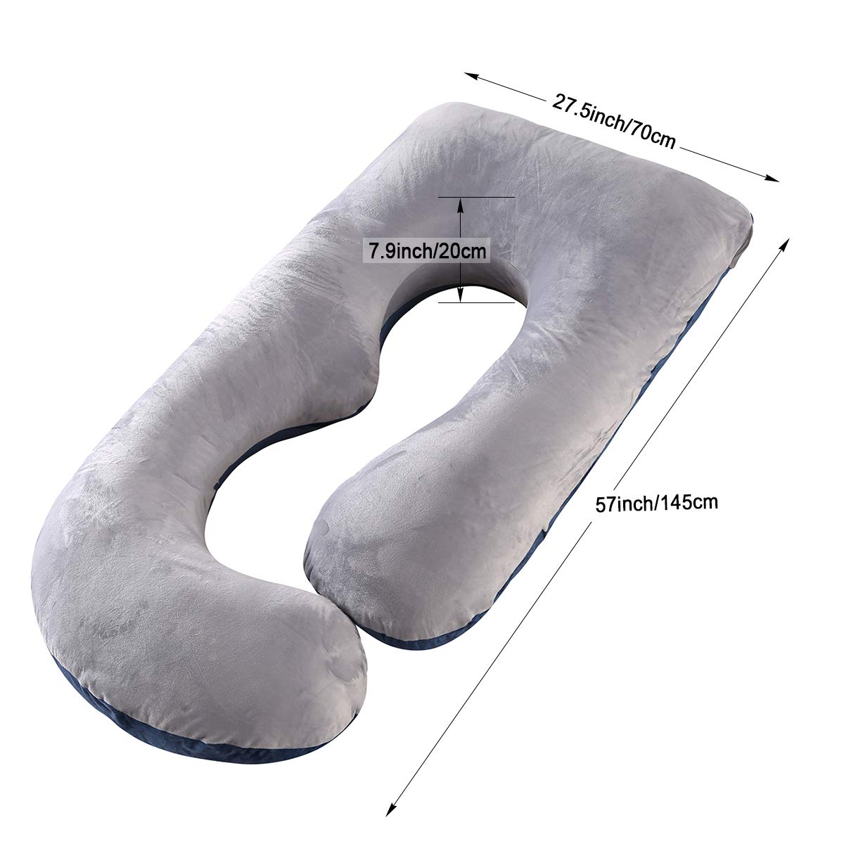 ShowyLive Pregnancy Pillow 145x70cm J-shaped Full Body Pillow Maternity Body Pillow for Sleeping with Removable and Washable Cover Sleep and Feed (gray+blue, Velvet)