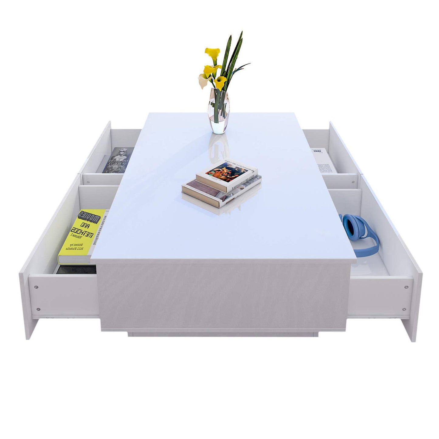 White high gloss coffee table with storage - Modern rectangular table with 4 drawers for living room & home office, high gloss finish & storage organizer 95x60x31 cm