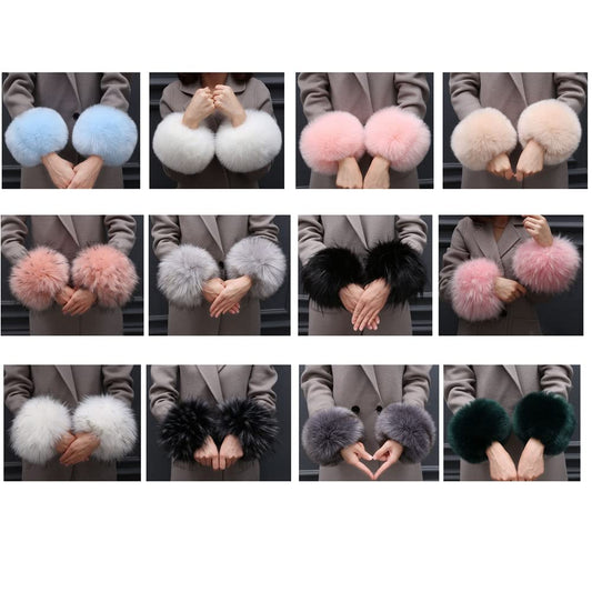SHTGOI women's fur cuffs fur wrist warmer faux fur cuffs arm warmers winter hand warmers sleeves plush wrist warmers faux fur arm warmers gloves black 1#