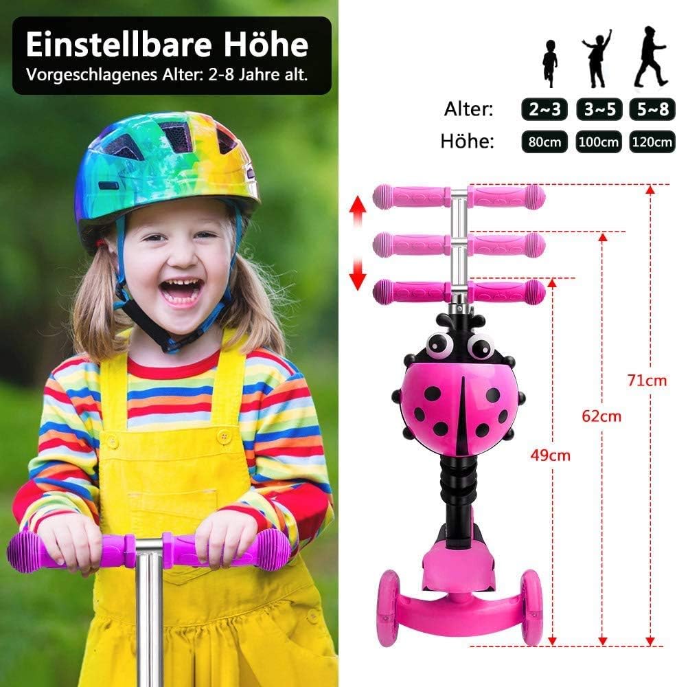 YOLEO 5-in-1 Kids Scooter with Removable Cartoon Basket Seat Push Handle LED Big Wheels Comfortable Backrest Height Adjustable Handlebar for Toddlers Boys Girls from 2 Years (Pink)