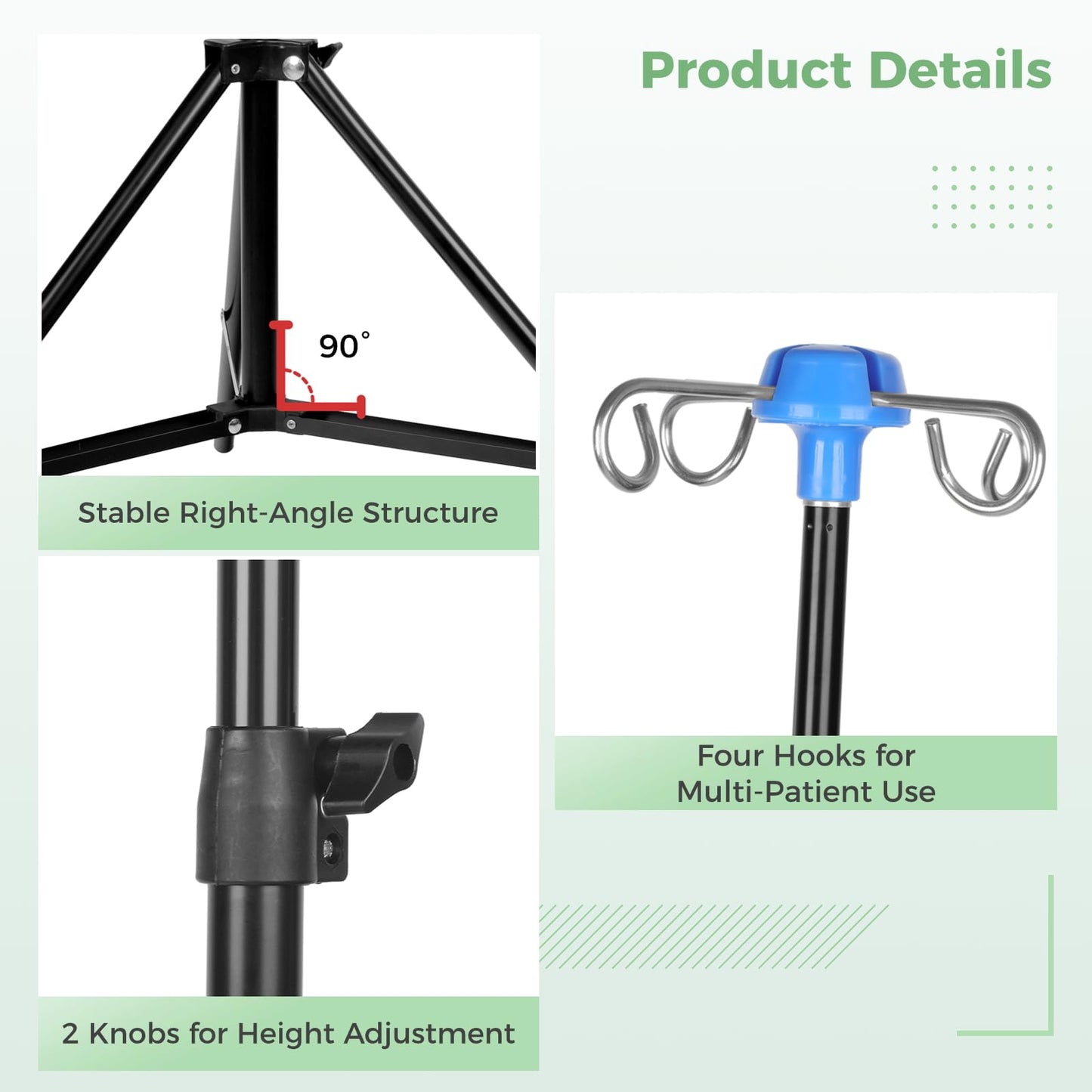 IV stand with 4 hooks and 3 mesh bags, collapsible tripod for IV infusion stands, portable mobile infusion bottle stand