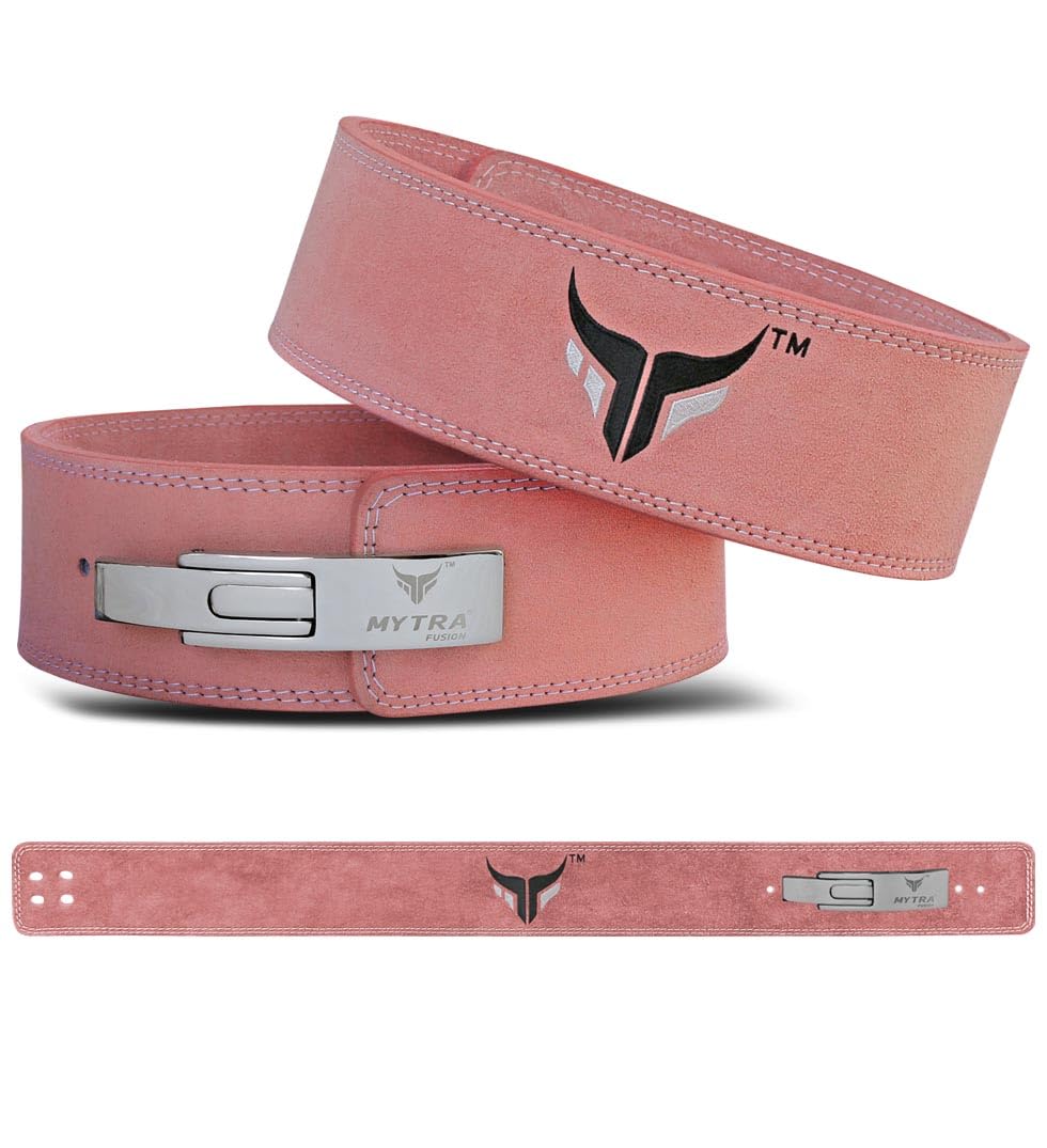 Mytra Fusion weightlifting belt 100% Genuine Leather Weightlifting Belt white buckle, Lifting Belt for Gym, Fitness, Training, weightlifting belt Men & Women Gym Belt (Pink, L)