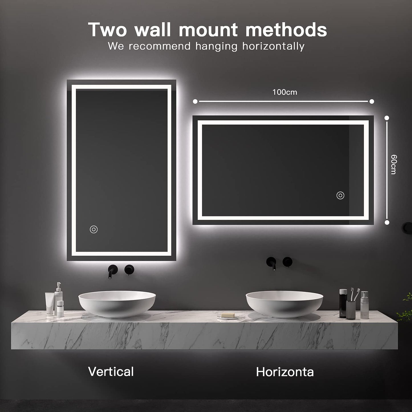 Dripex bathroom mirror wall mirror LED illuminated bathroom mirror with touch switch fog-free cool white 6400K energy-saving light mirror 60x100 cm