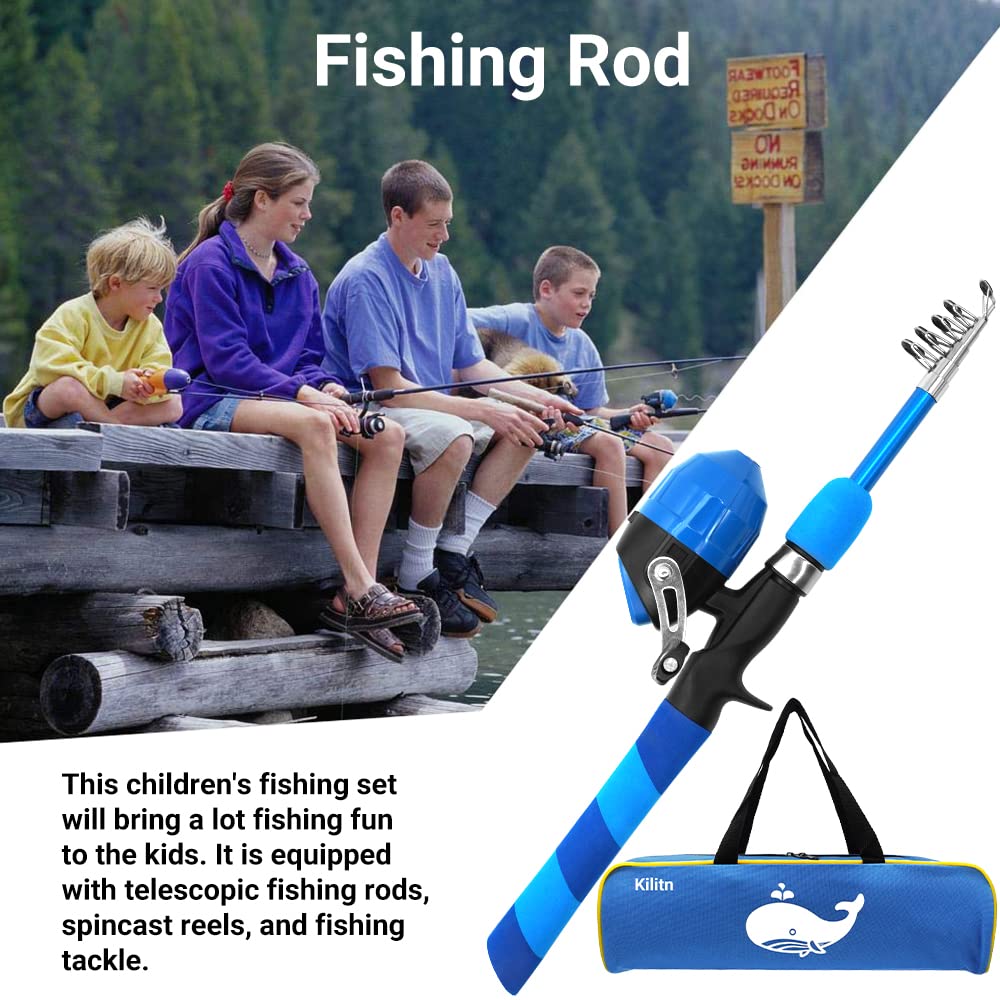 Kilitn Kids Fishing Gear - 86 pieces, telescopic fishing rod and spincast fishing reel complete set with tackle box and carrying case for boys, girls, youth, beginners (1.8M 5.91FT)