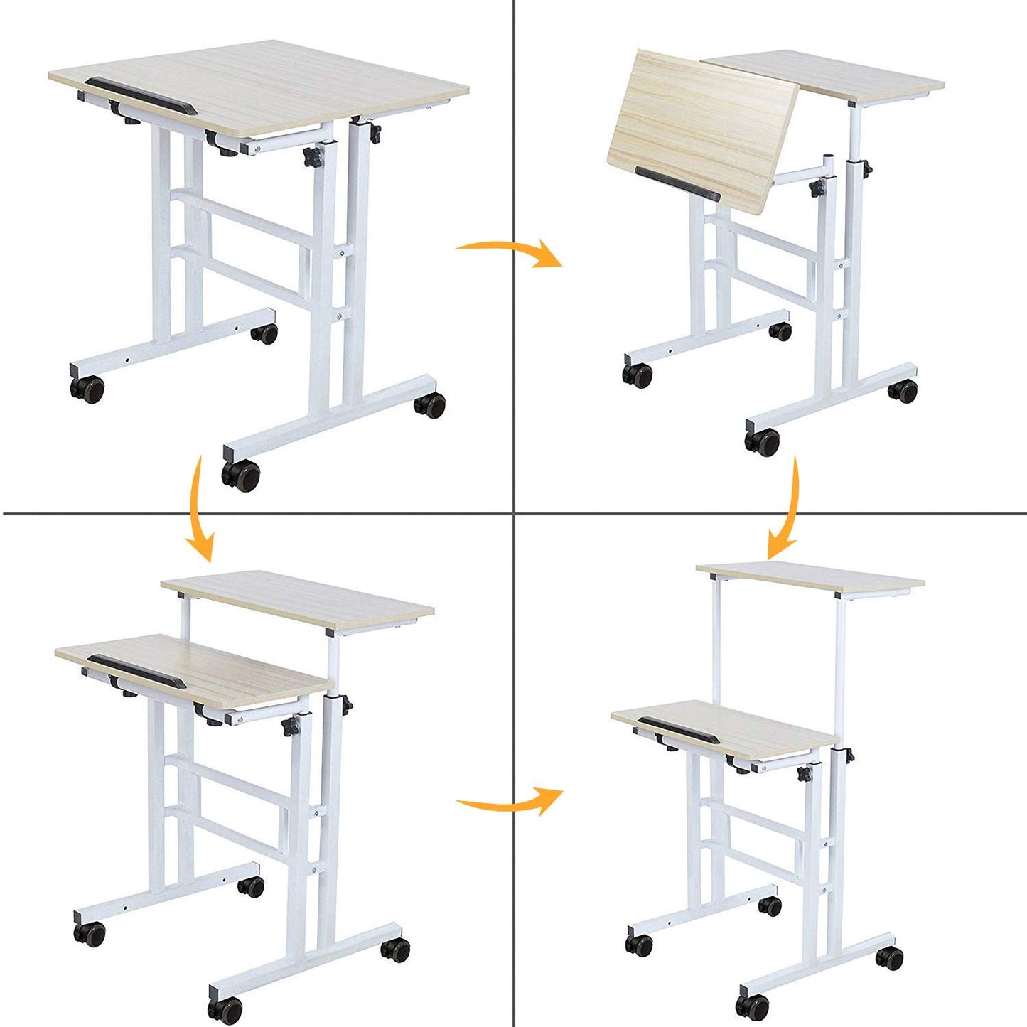 Sogesfurniture adjustable height computer desk laptop table with wheels, mobile desk PC table notebook table laptop stand for home and office, oak