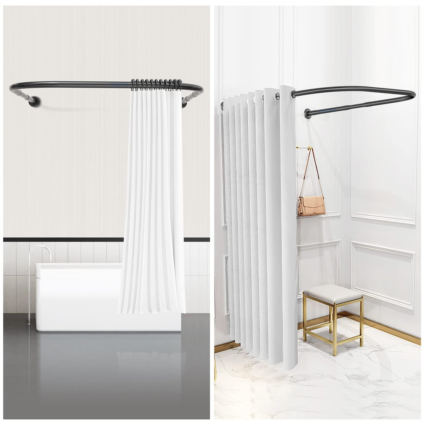 Misounda shower curtain rods U-shaped without drilling, corner shower rod made of stainless steel telescopic (70-100) x 80 x (70-100) cm with 24 shower rings, for wardrobe bathroom dressing room - Black
