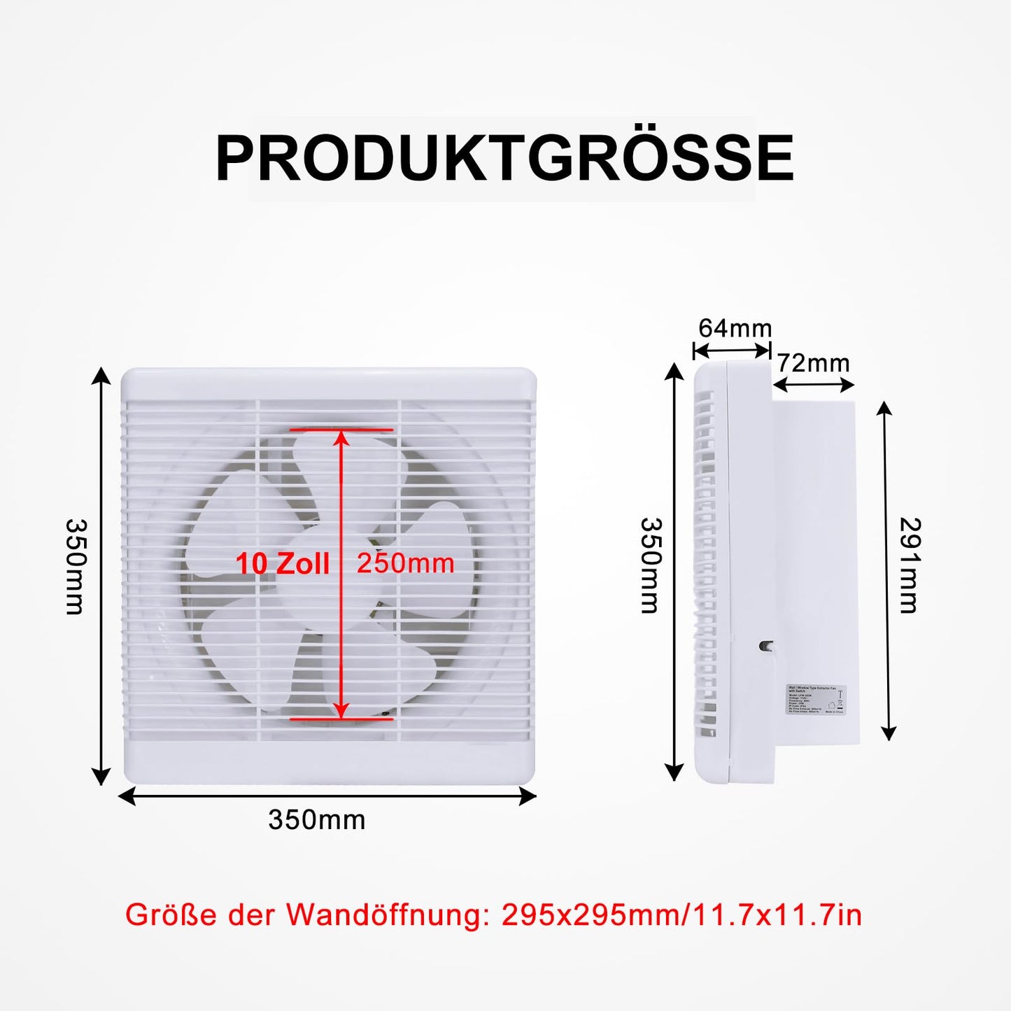 HUGOOME Exhaust Fan 800m³/h Open Size 300*300mm, 2-way reversible Strong airflow Wall-mounted fans used for ventilation in kitchen, bathroom, attic windows, and basement.