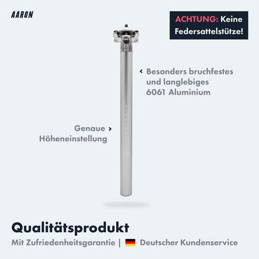 AARON Post seatpost with 30.9 mm diameter, aluminum seat tube with 350 mm length, suitable for city bikes, trekking bikes, touring bikes, and mountain bikes with scale in silver.