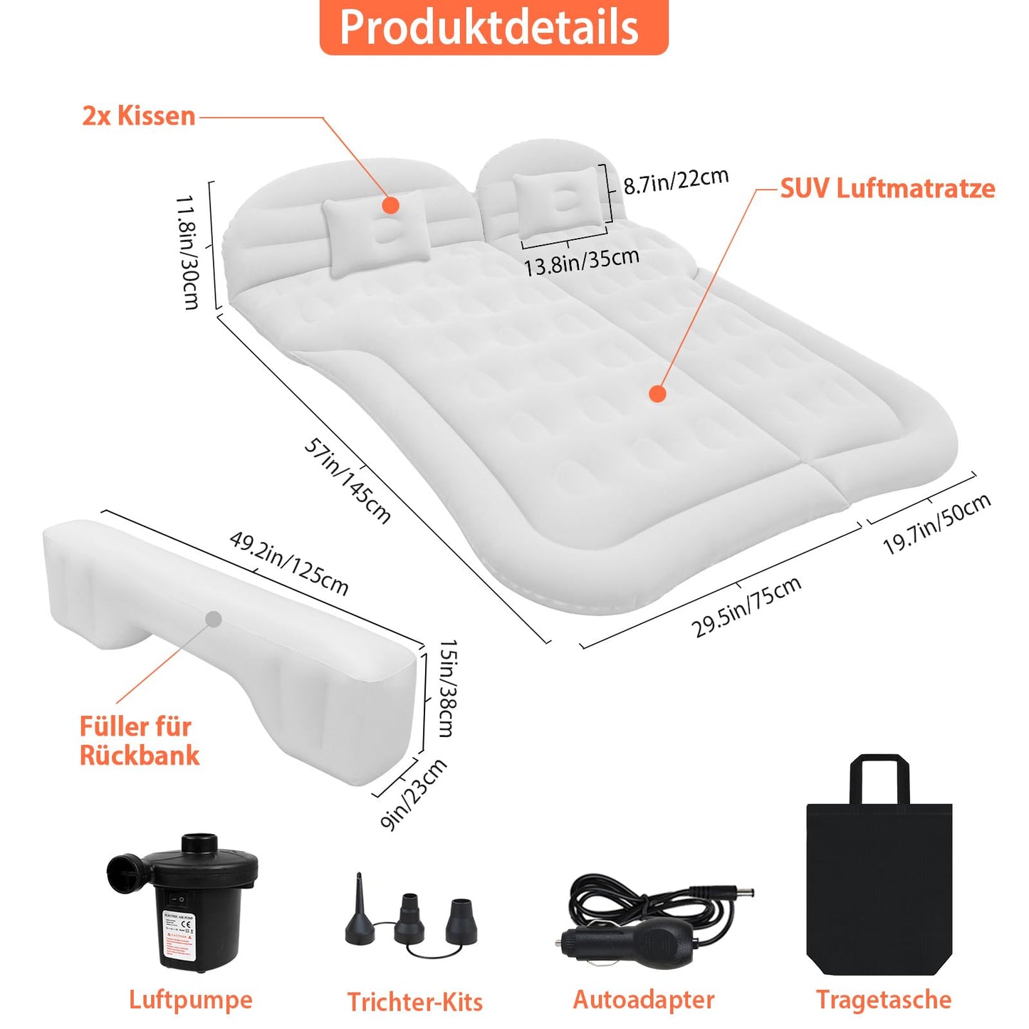 Car air mattress SUV inflatable mattress with pump MPV air bed camping car pillow thicker rear seat air mattress with two pillows for camping travel backyard beach
