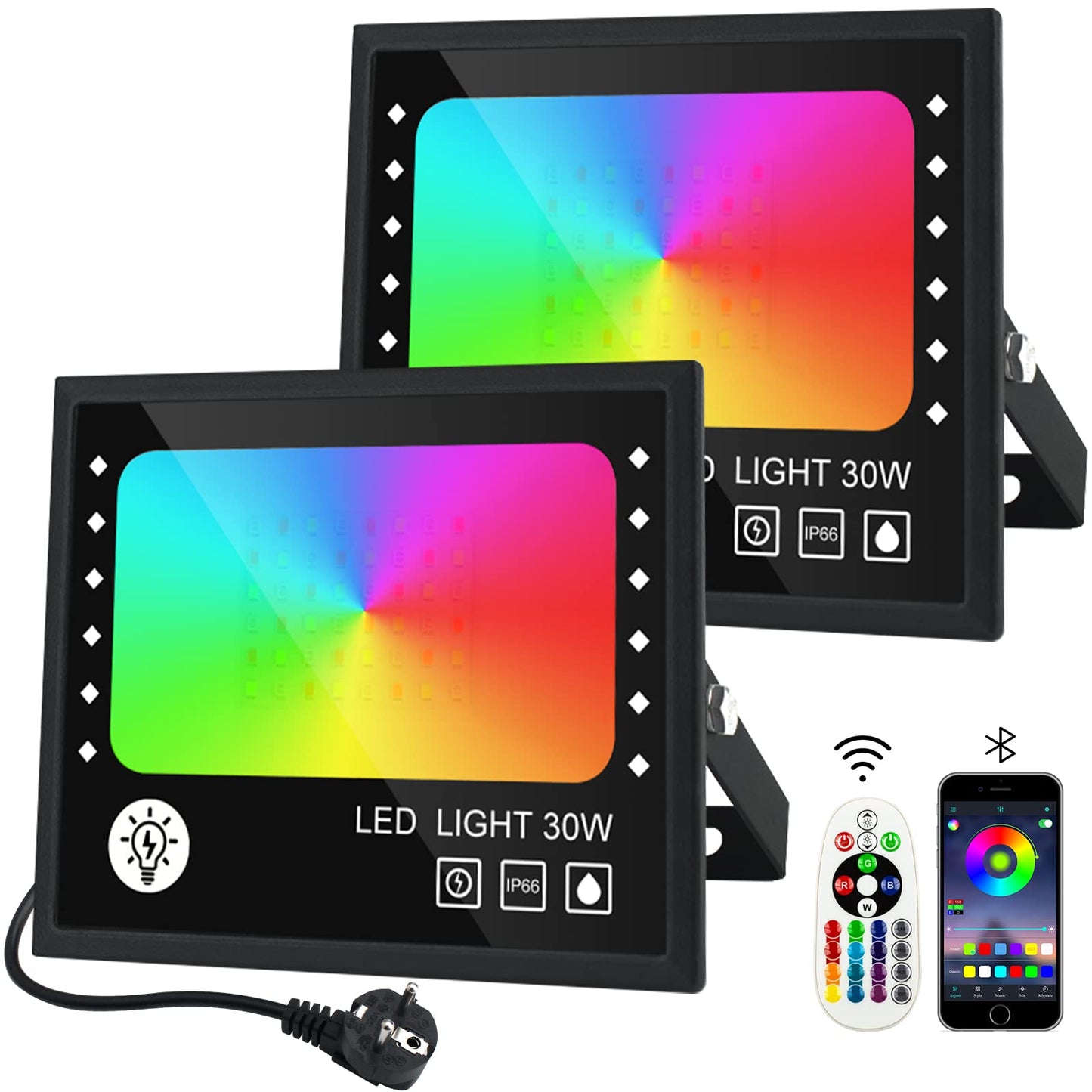 CREATESTAR RGB floodlight 30W, RGB LED floodlight with 16 million colors 28 modes color change dimmable, remote control and APP control RGB floodlight IP66 waterproof outdoor spotlight for garden party tree