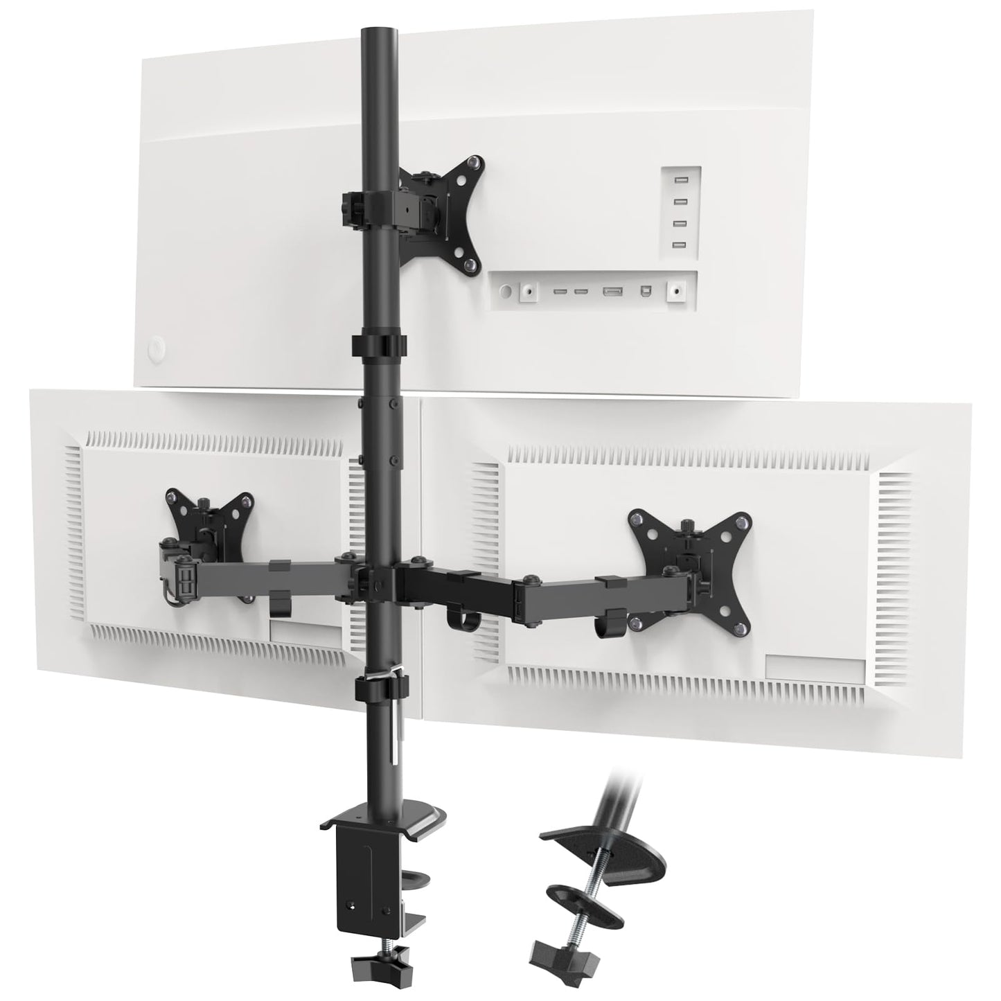 PUTORSEN Triple Monitor Mount for 13-32 inch Flat & Curved Screens, 80cm Pole Desk Mount Swivel Tilt Height Adjustable, 9kg per Arm, VESA 75x75/100x100, Black