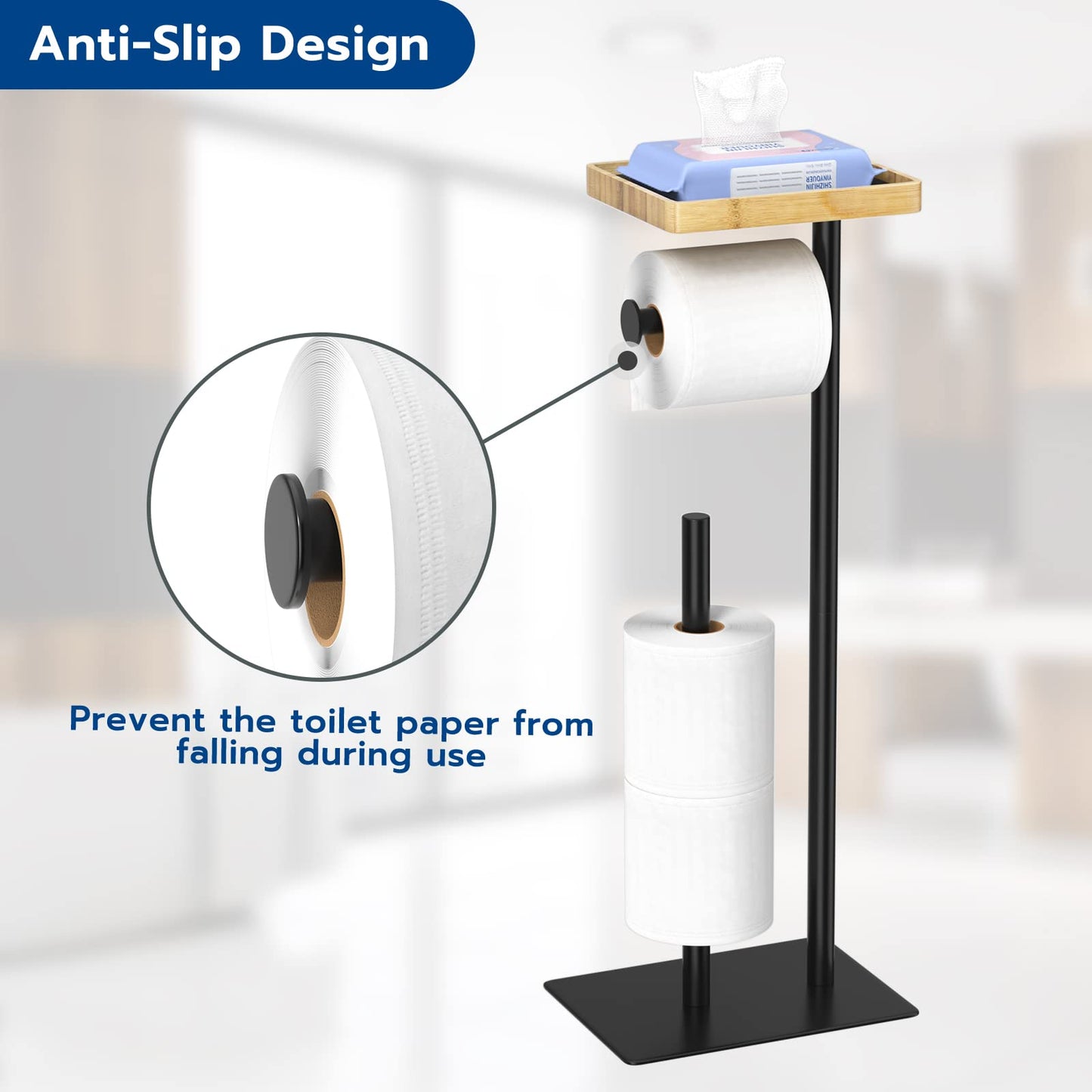 Free-standing toilet paper holder with top shelf in bamboo, black toilet paper roll holder stand, floor-standing toilet paper dispenser with space for 4 spare rolls.