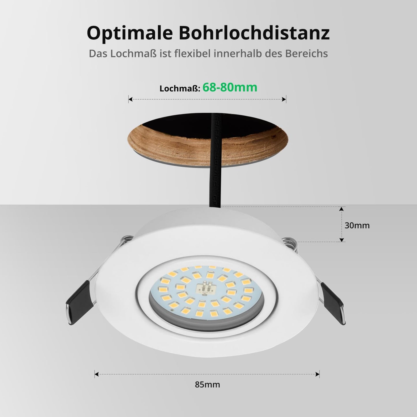 BOJIM LED spots 230V flat dimmable, recessed lights LED warm white 5.5W 68mm - 80mm cutout size, ceiling spots adjustable for kitchen living room bathroom, set of 10.