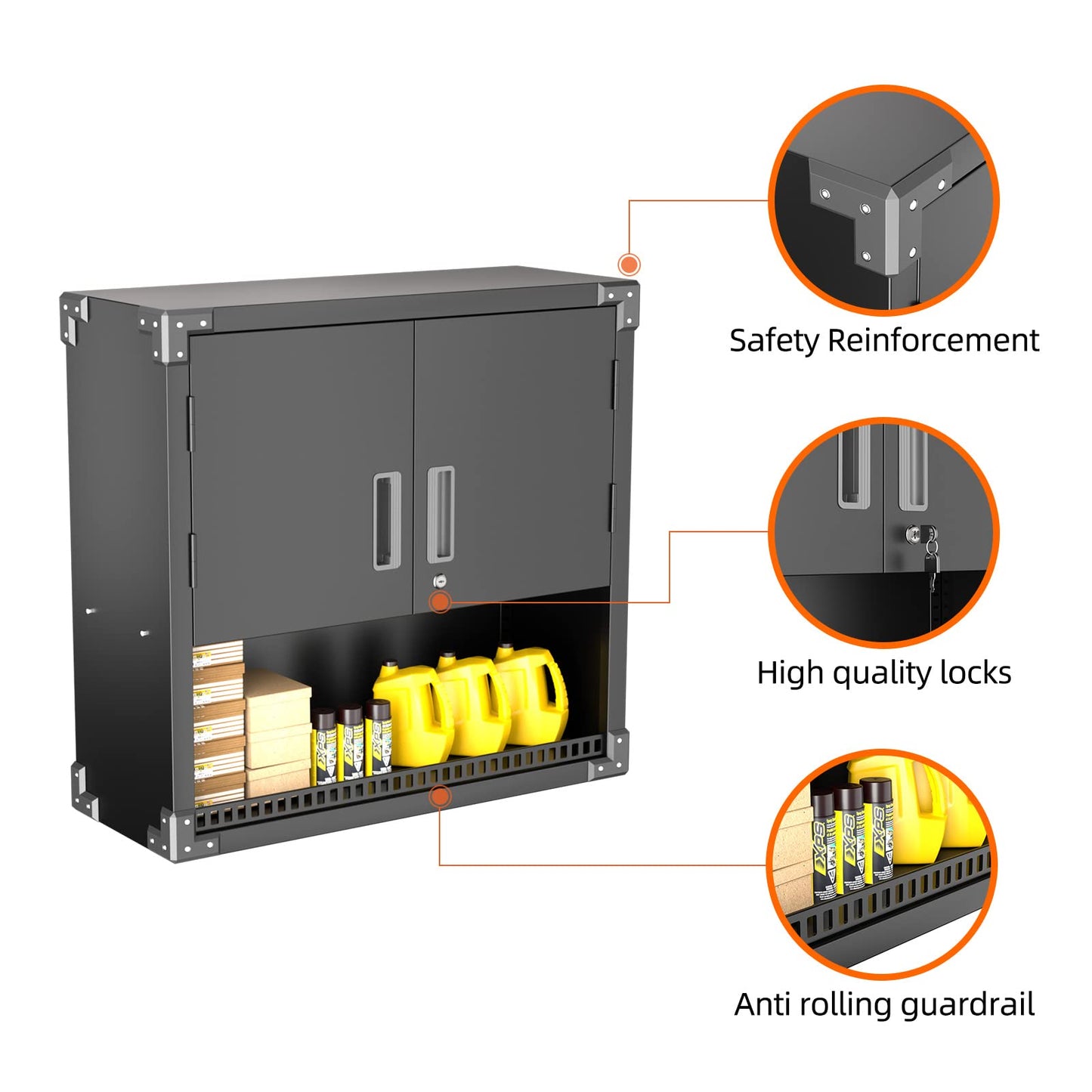 SUPER wall cabinet metal tool cabinet with 1 adjustable shelves & 2 doors & 1 drawer, lockable wall cabinet made of stainless steel, garage workshop kitchen, H77 × W80 × D30cm, black