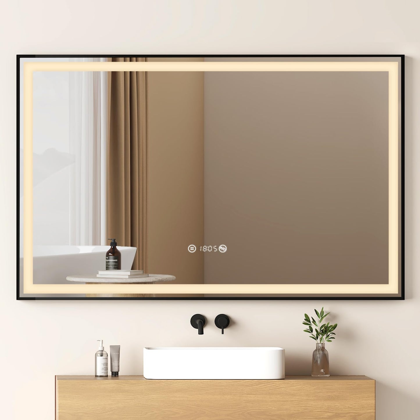 EMKE LED bathroom mirror 120x70cm, black with touch controls, dimmable, anti-fog, clock, memory function, and neutral light 4300K. Energy-saving wall mirror IP44.