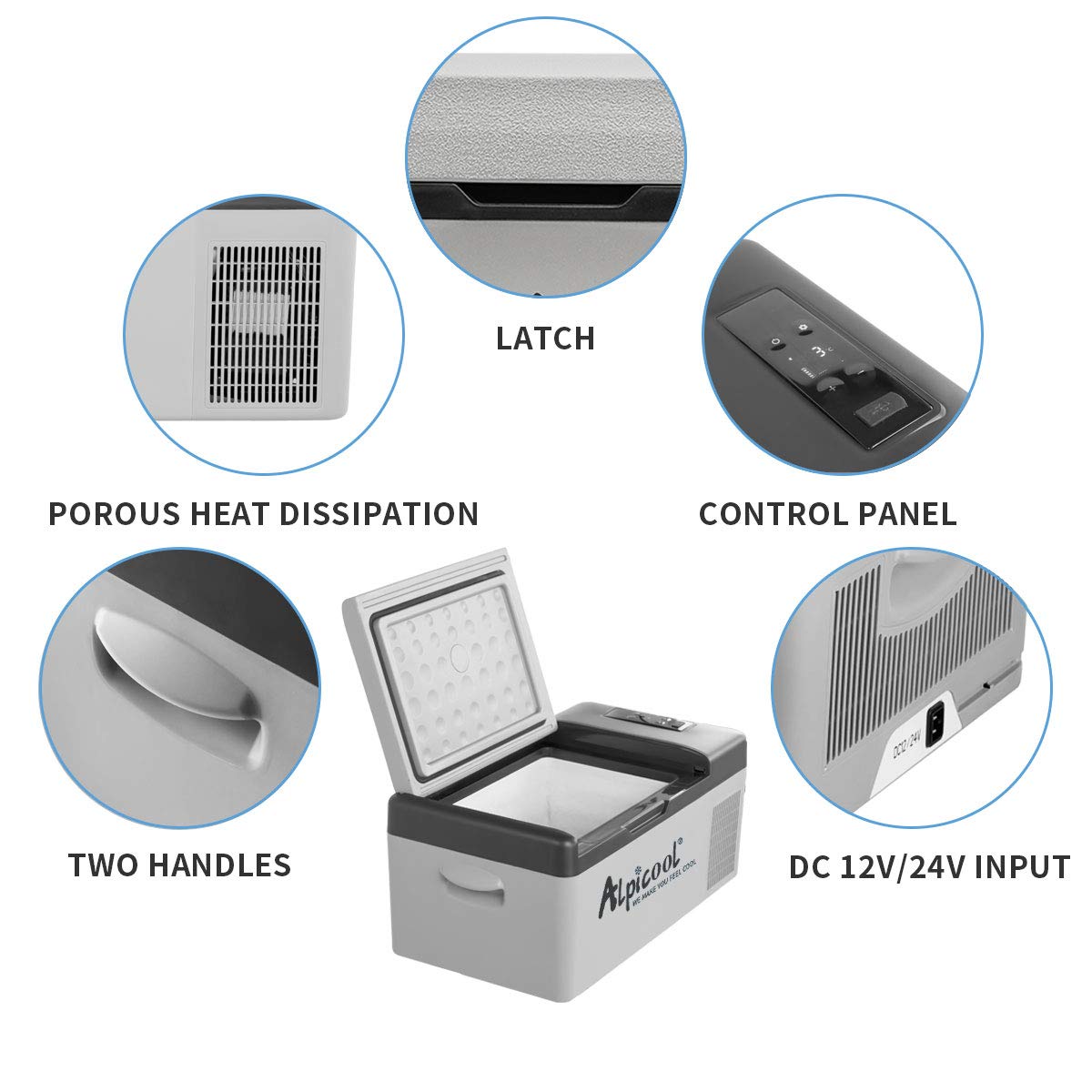 Alpicool C15 15L compressor cooler 12v mini fridge electric camping freezer small portable for car, truck, boat, RV with USB port, -20℃-20℃.