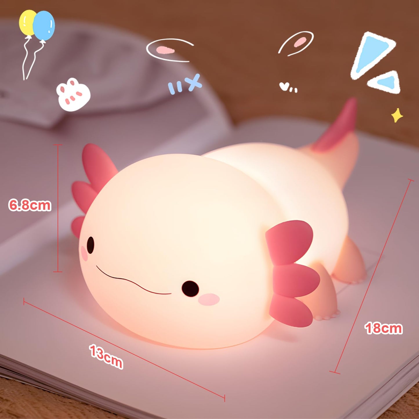 Axolotl night light, children's night light, cute silicone axolotls bedside lamp, rechargeable touch LED dimmable table lamp with 20-minute timer, gift for baby girl boy, room decoration