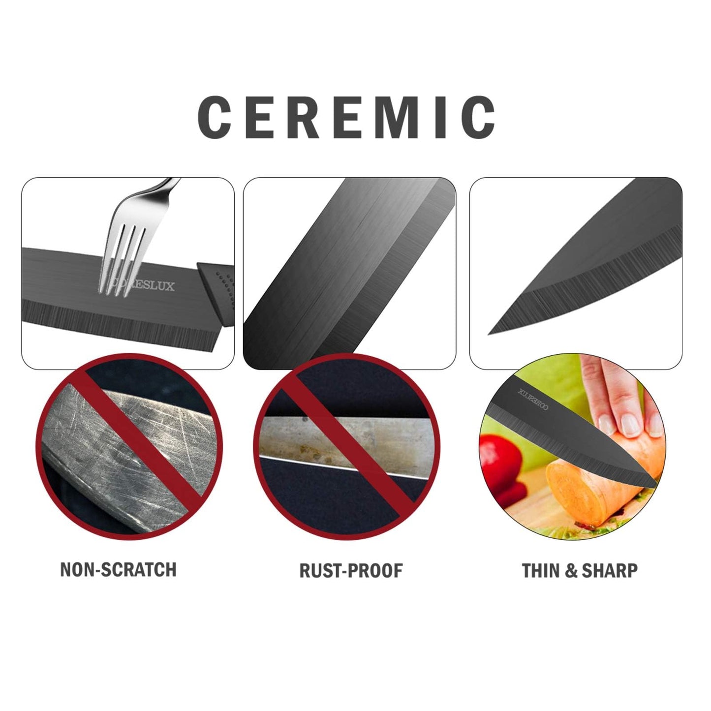 CORESLUX Ceramic Knife Set, 4 Ceramic Kitchen Knives with 1 Peeler, Non-Stick Coating, Sharp, Chef Knife, Ceramic Knife Set for Cutting Fruits Vegetables Meat (Black)