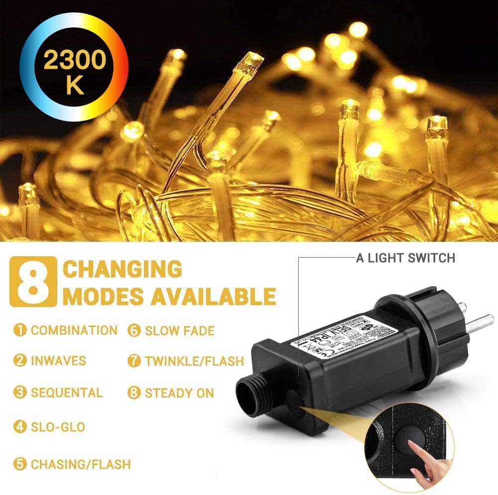 Avoalre 500 LED outdoor string lights 100M, IP44 waterproof warm white string lights, 8 modes with memory function outdoor Christmas lights for Christmas garden party birthday